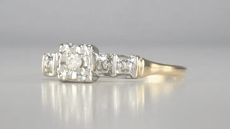 Petite Vintage 1940's Diamond Solitaire Engagement Ring in 14K Yellow and White Gold | Art Deco