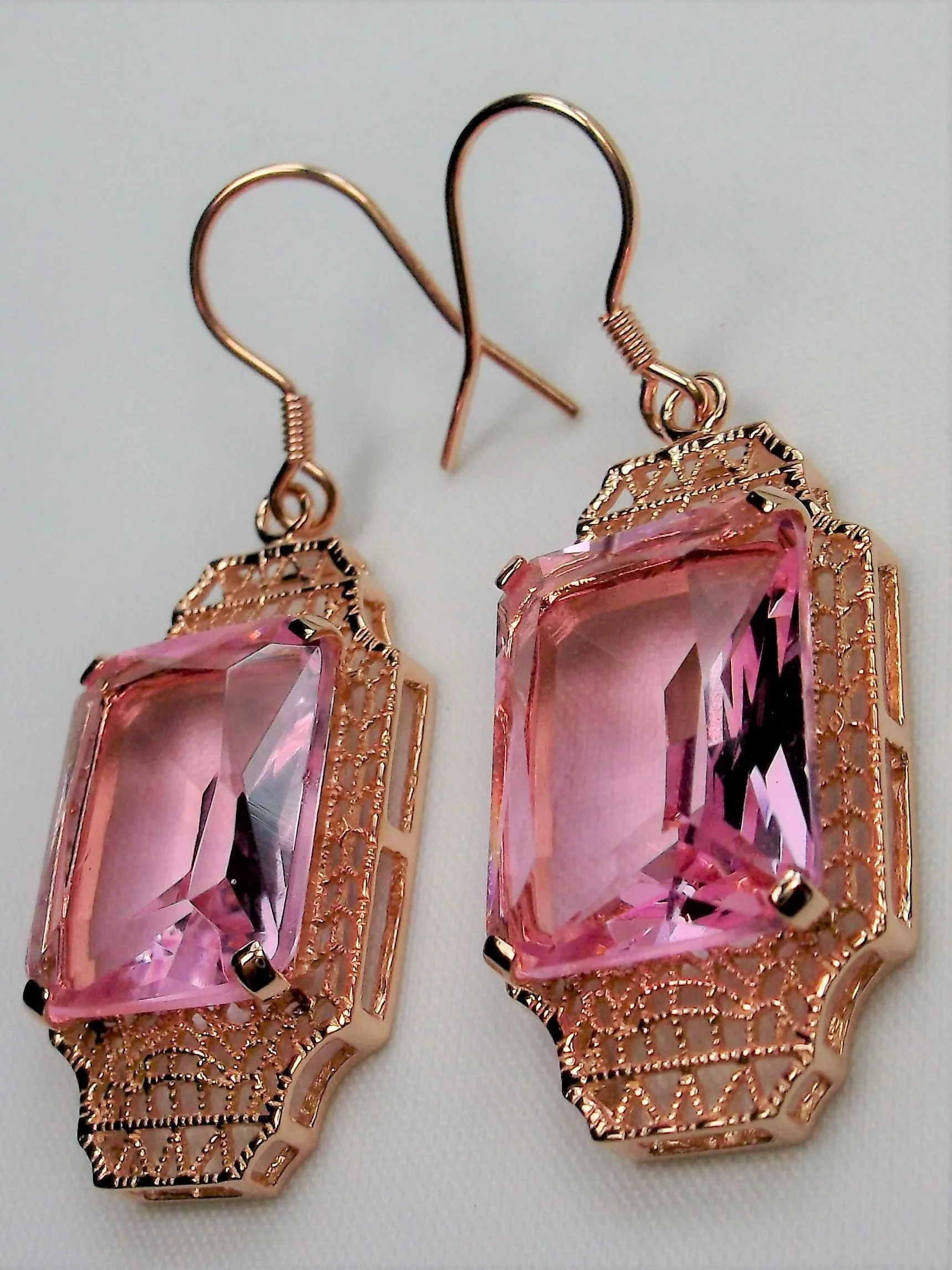 Pink Topaz Earrings, Rose Gold Overlay, Rectangle Gems, Art Deco Lantern-style Silver Filigree #E13
