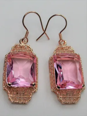 Pink Topaz Earrings, Rose Gold Overlay, Rectangle Gems, Art Deco Lantern-style Silver Filigree #E13