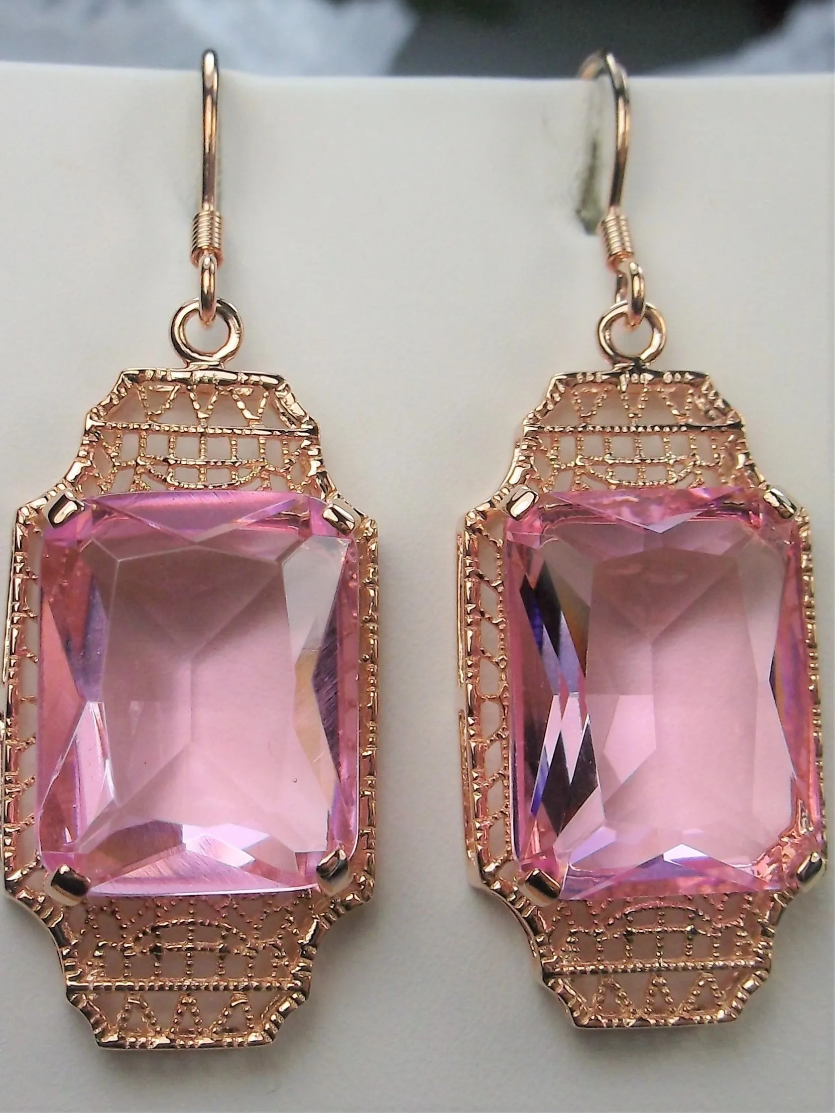 Pink Topaz Earrings, Rose Gold Overlay, Rectangle Gems, Art Deco Lantern-style Silver Filigree #E13