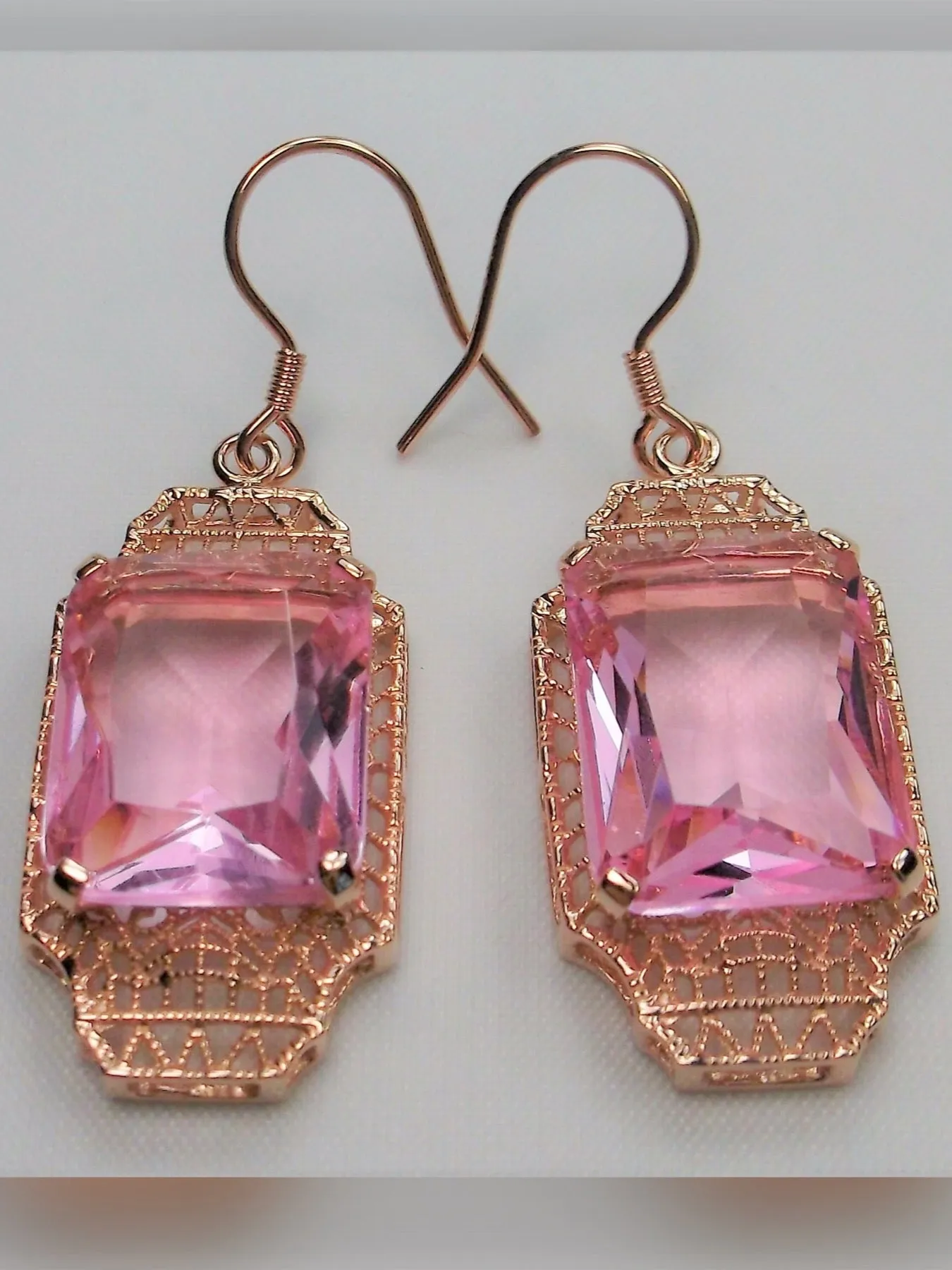 Pink Topaz Earrings, Rose Gold Overlay, Rectangle Gems, Art Deco Lantern-style Silver Filigree #E13