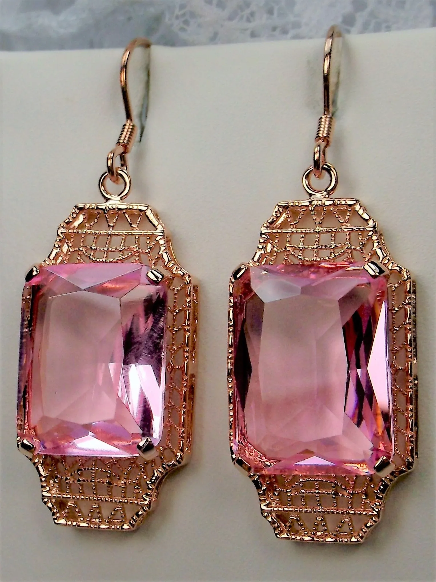 Pink Topaz Earrings, Rose Gold Overlay, Rectangle Gems, Art Deco Lantern-style Silver Filigree #E13