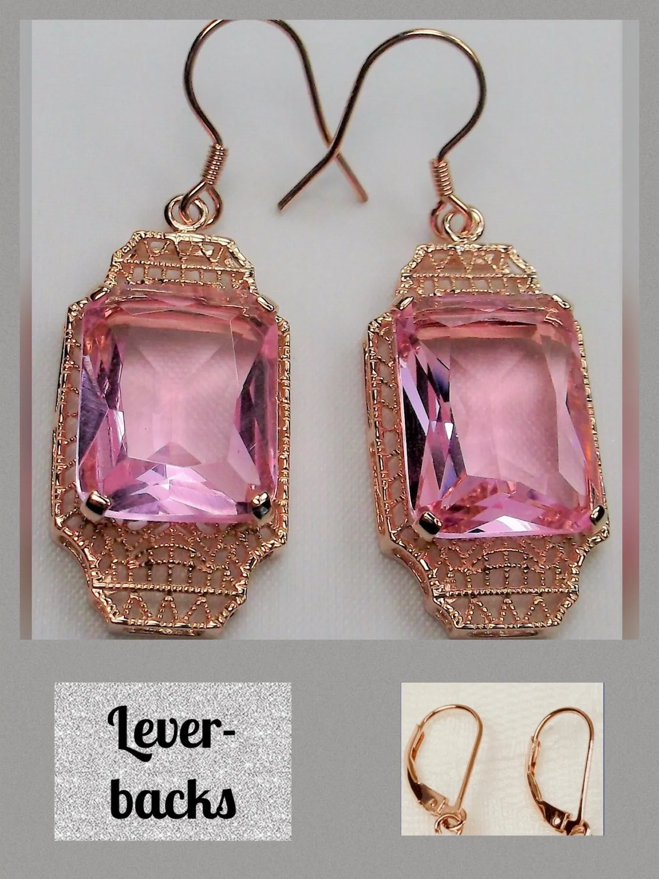 Pink Topaz Earrings, Rose Gold Overlay, Rectangle Gems, Art Deco Lantern-style Silver Filigree #E13