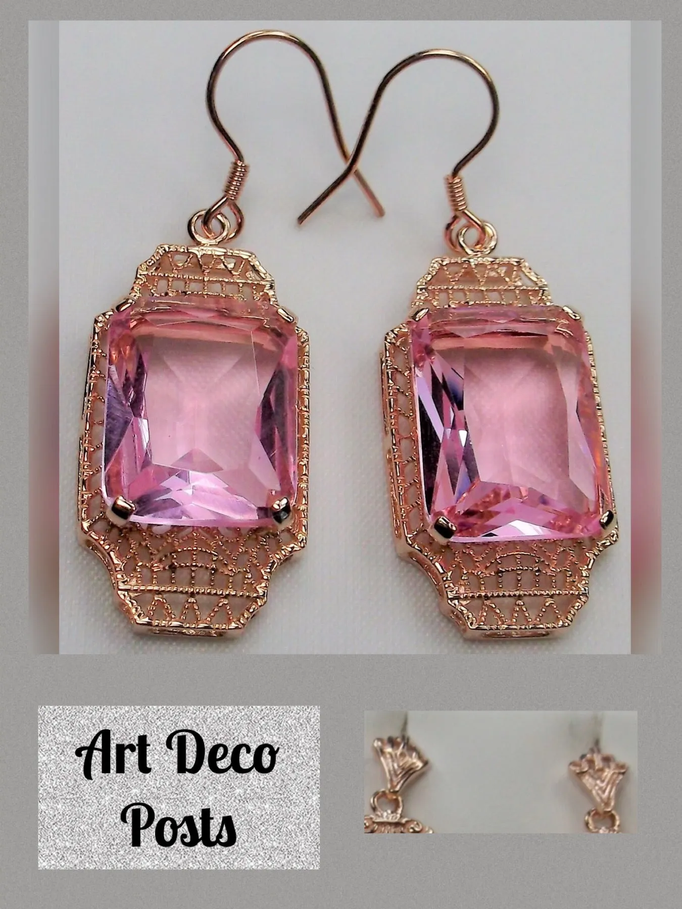 Pink Topaz Earrings, Rose Gold Overlay, Rectangle Gems, Art Deco Lantern-style Silver Filigree #E13