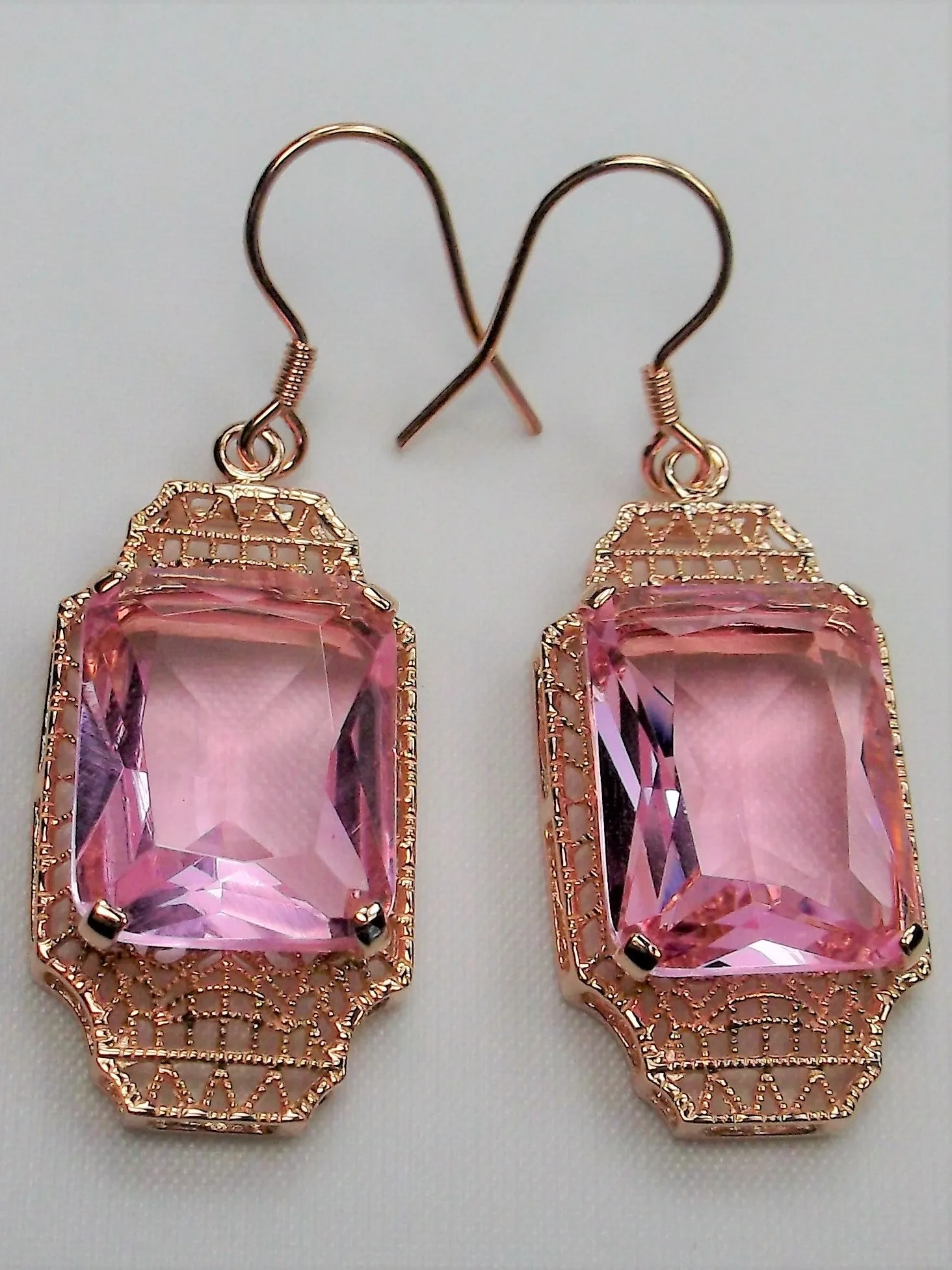 Pink Topaz Earrings, Rose Gold Overlay, Rectangle Gems, Art Deco Lantern-style Silver Filigree #E13
