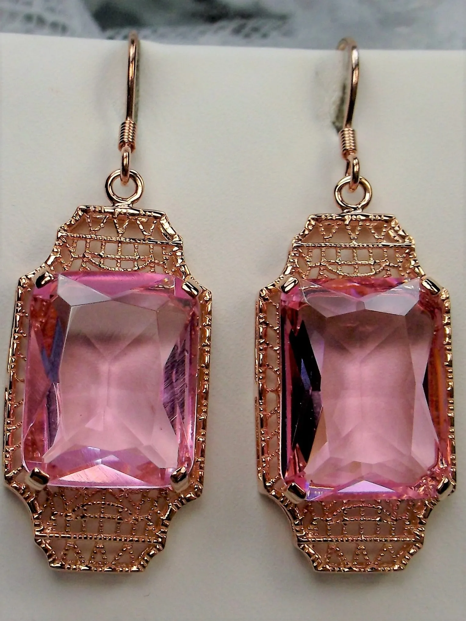 Pink Topaz Earrings, Rose Gold Overlay, Rectangle Gems, Art Deco Lantern-style Silver Filigree #E13