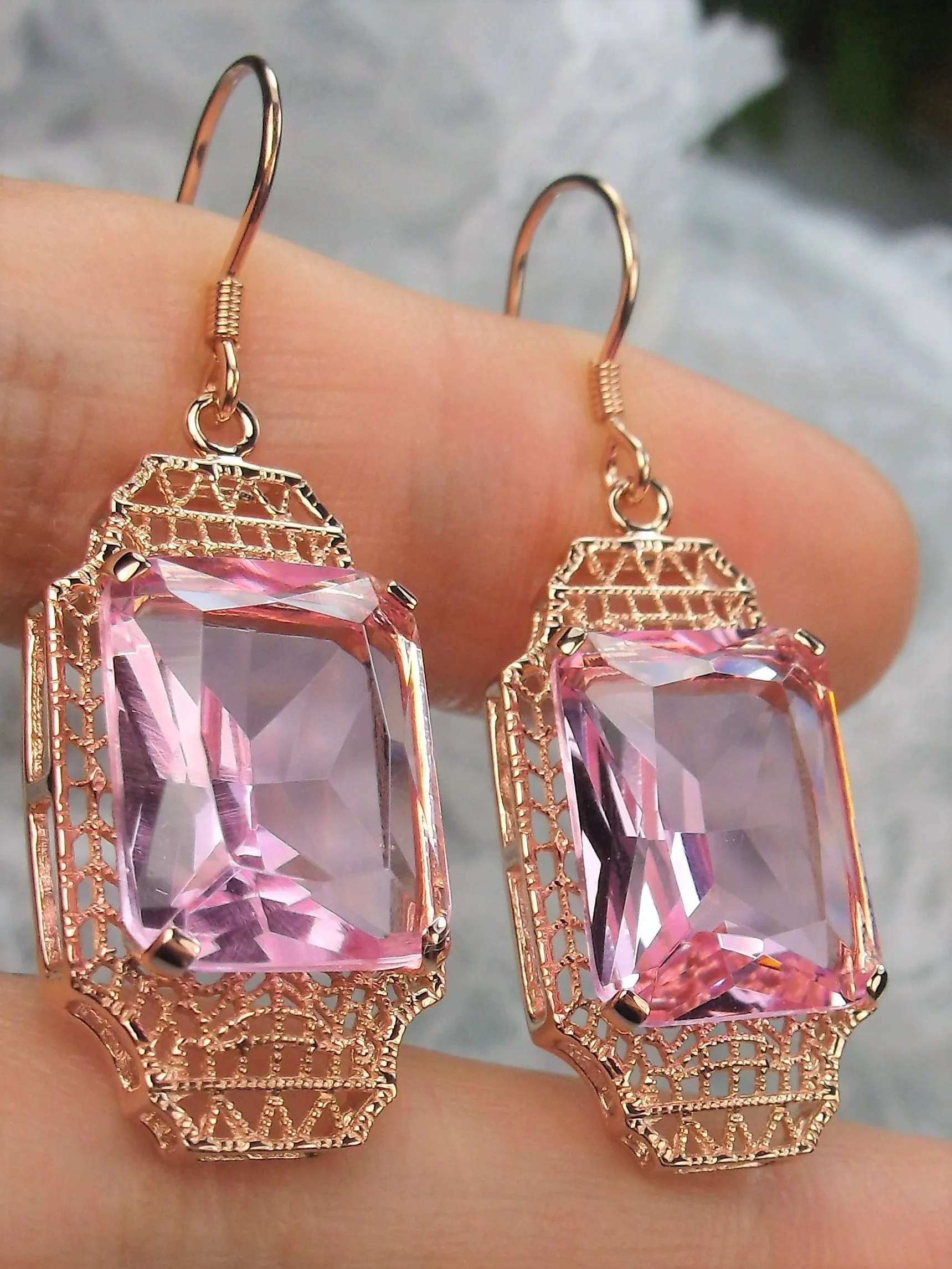 Pink Topaz Earrings, Rose Gold Overlay, Rectangle Gems, Art Deco Lantern-style Silver Filigree #E13