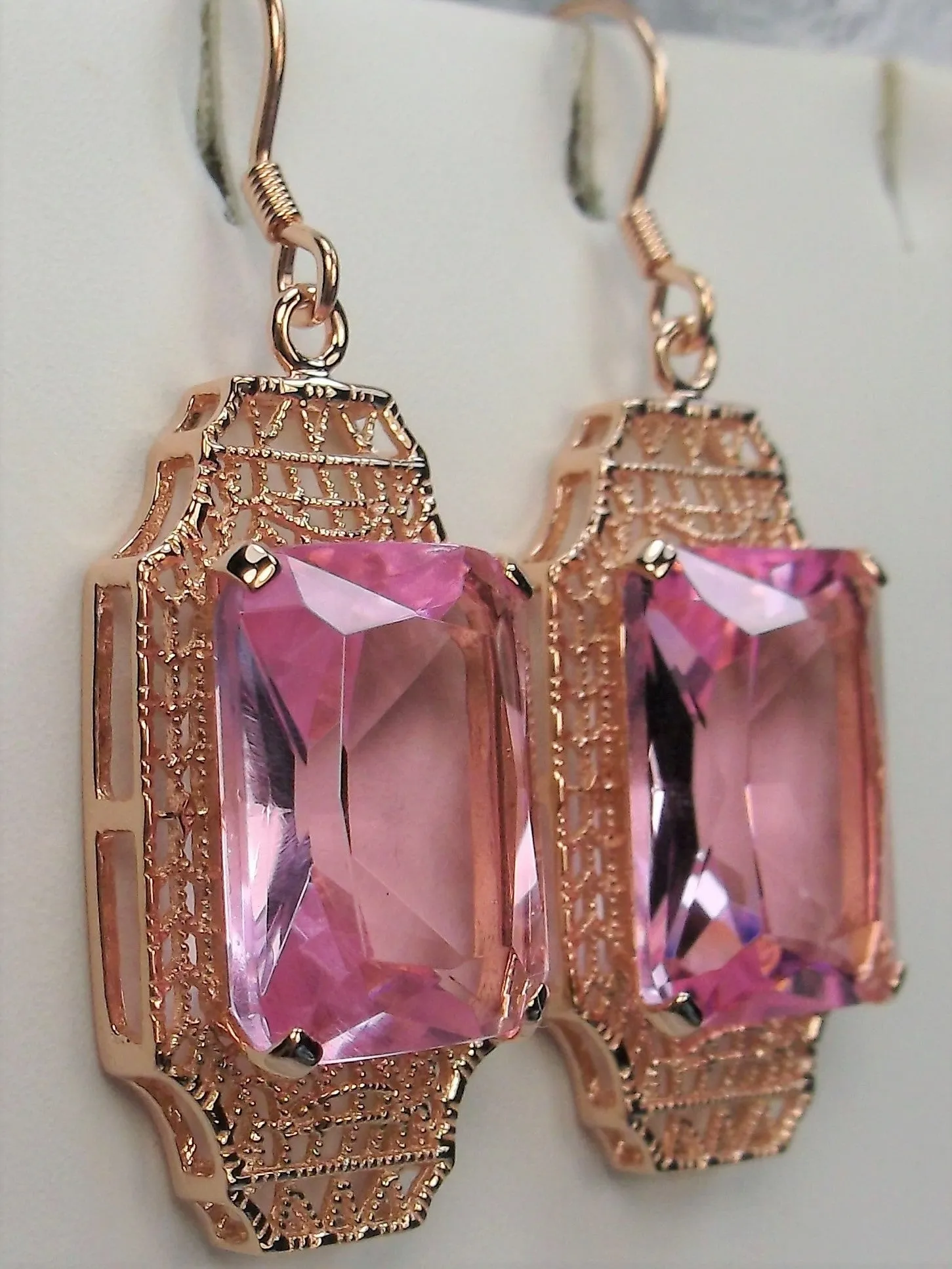 Pink Topaz Earrings, Rose Gold Overlay, Rectangle Gems, Art Deco Lantern-style Silver Filigree #E13