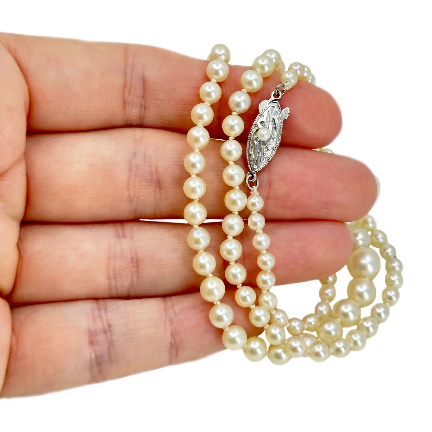Quality Art Deco Graduated Japanese Saltwater Cultured Akoya Pearl Vintage Necklace - Sterling Silver 20.25 Inch