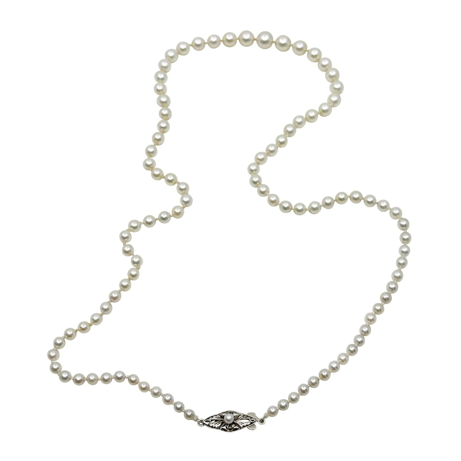 Quality Art Deco Japanese Saltwater Cultured Akoya Pearl Graduated Necklace - Sterling Silver 21.25 Inch