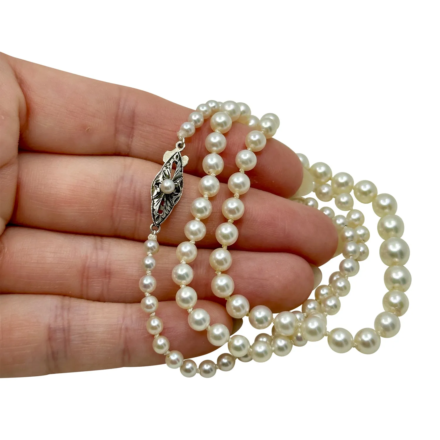 Quality Art Deco Japanese Saltwater Cultured Akoya Pearl Graduated Necklace - Sterling Silver 21.25 Inch