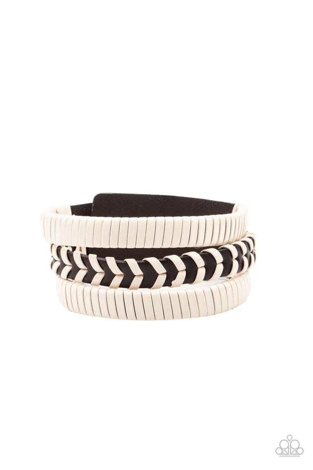 "Rough Roamer" Men's Brown Leather with White Weaved Accents Snap Bracelet