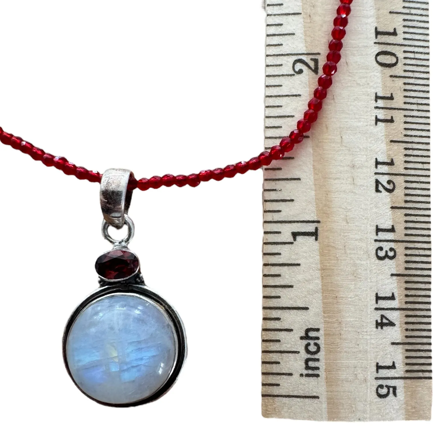 Rainbow Moonstone & Garnet Solid 925 Sterling Silver Pendant Necklace