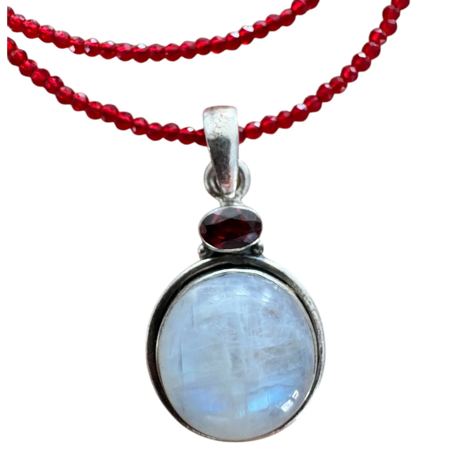 Rainbow Moonstone & Garnet Solid 925 Sterling Silver Pendant Necklace