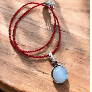 Rainbow Moonstone & Garnet Solid 925 Sterling Silver Pendant Necklace