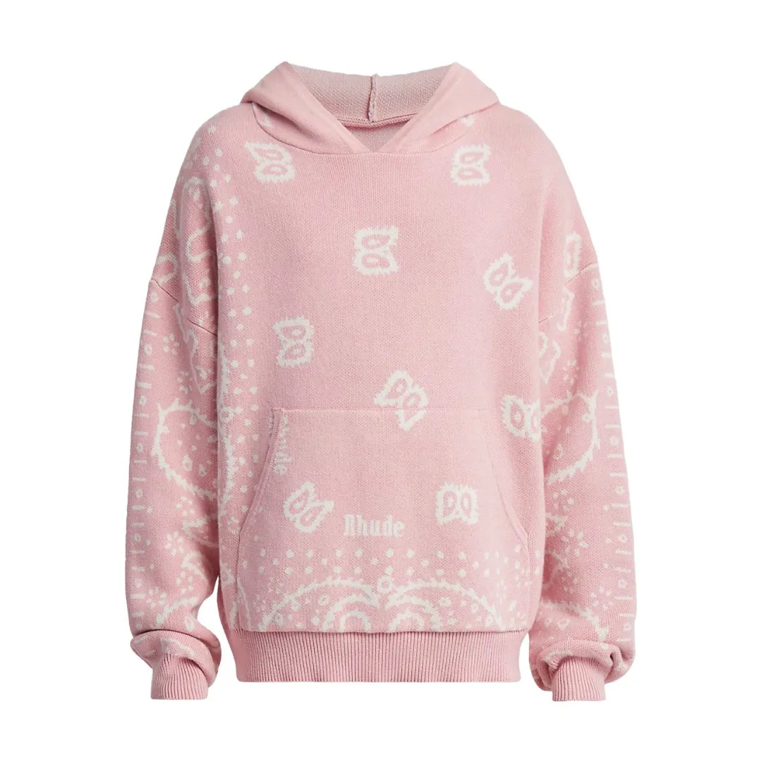RHUDE KNIT BANDANA HOODIE PINK/WHITE