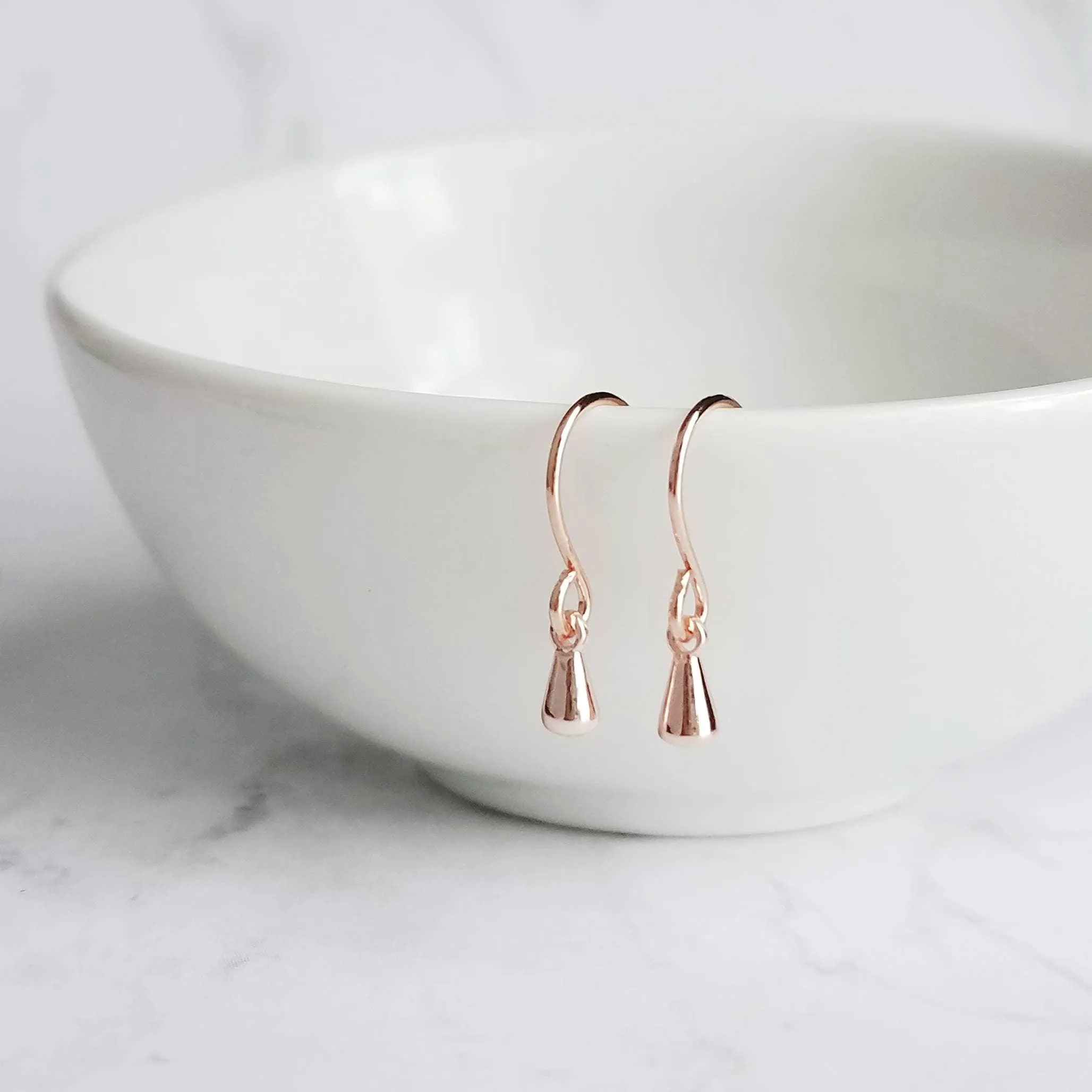 Rose Gold Teardrop Earrings, very tiny single drop earring, dainty rose gold earrings, minimalist rose gold earrings small rose gold dangles