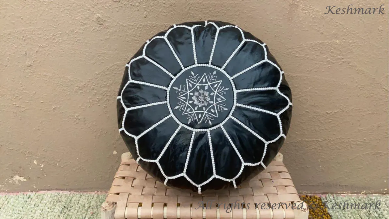 Round Black with white stitches  Leather pouf