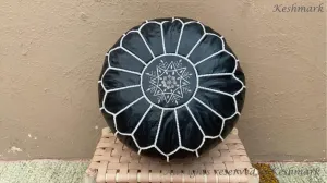Round Black with white stitches  Leather pouf