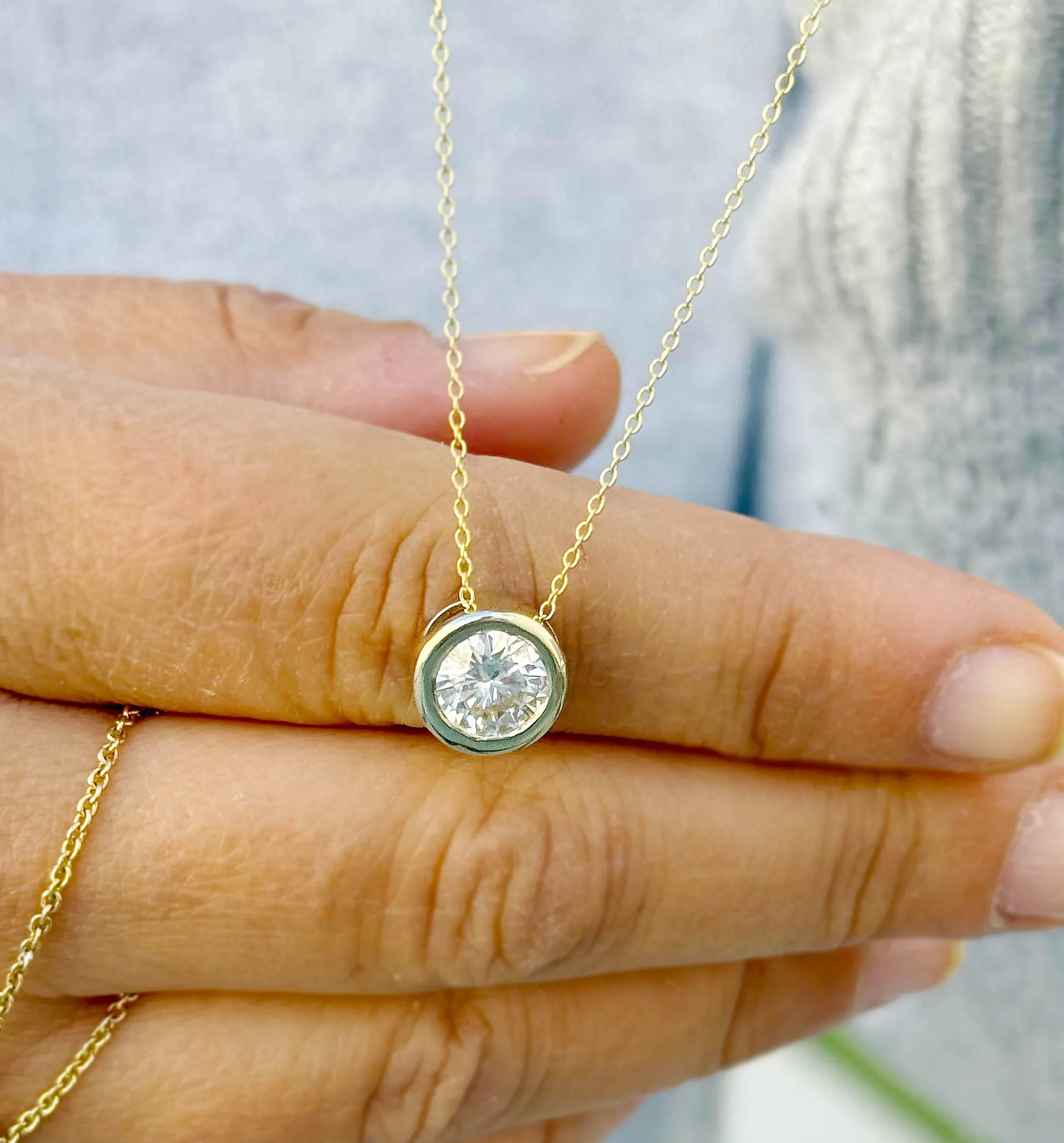 Round Cut IGI Certified Diamond Pendant And Chain Solitaire Minimalist Dainty Bezel Set 14k Solid Yellow Gold Necklace And Chain Gift 2.00ct