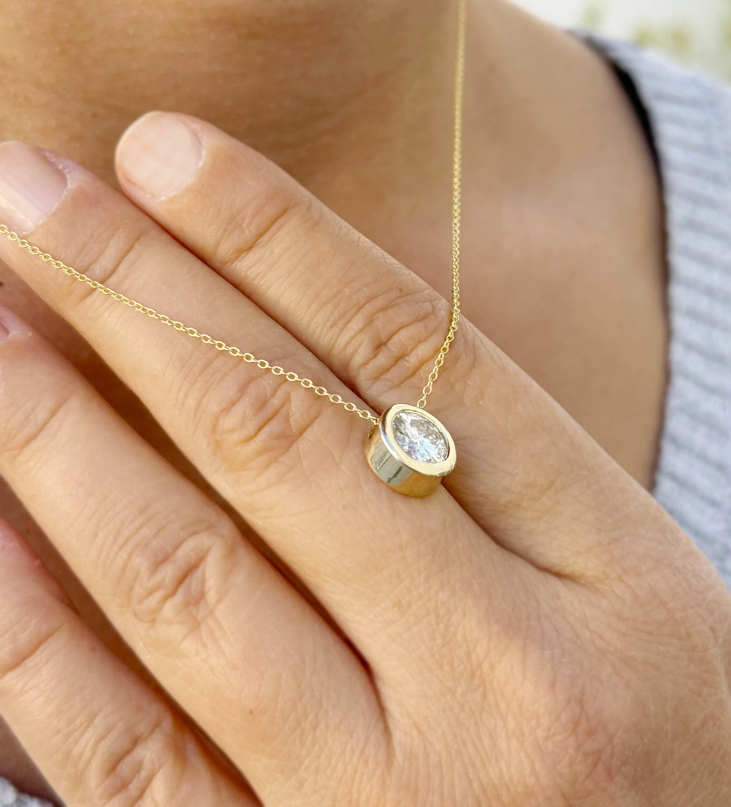 Round Cut IGI Certified Diamond Pendant And Chain Solitaire Minimalist Dainty Bezel Set 14k Solid Yellow Gold Necklace And Chain Gift 2.00ct