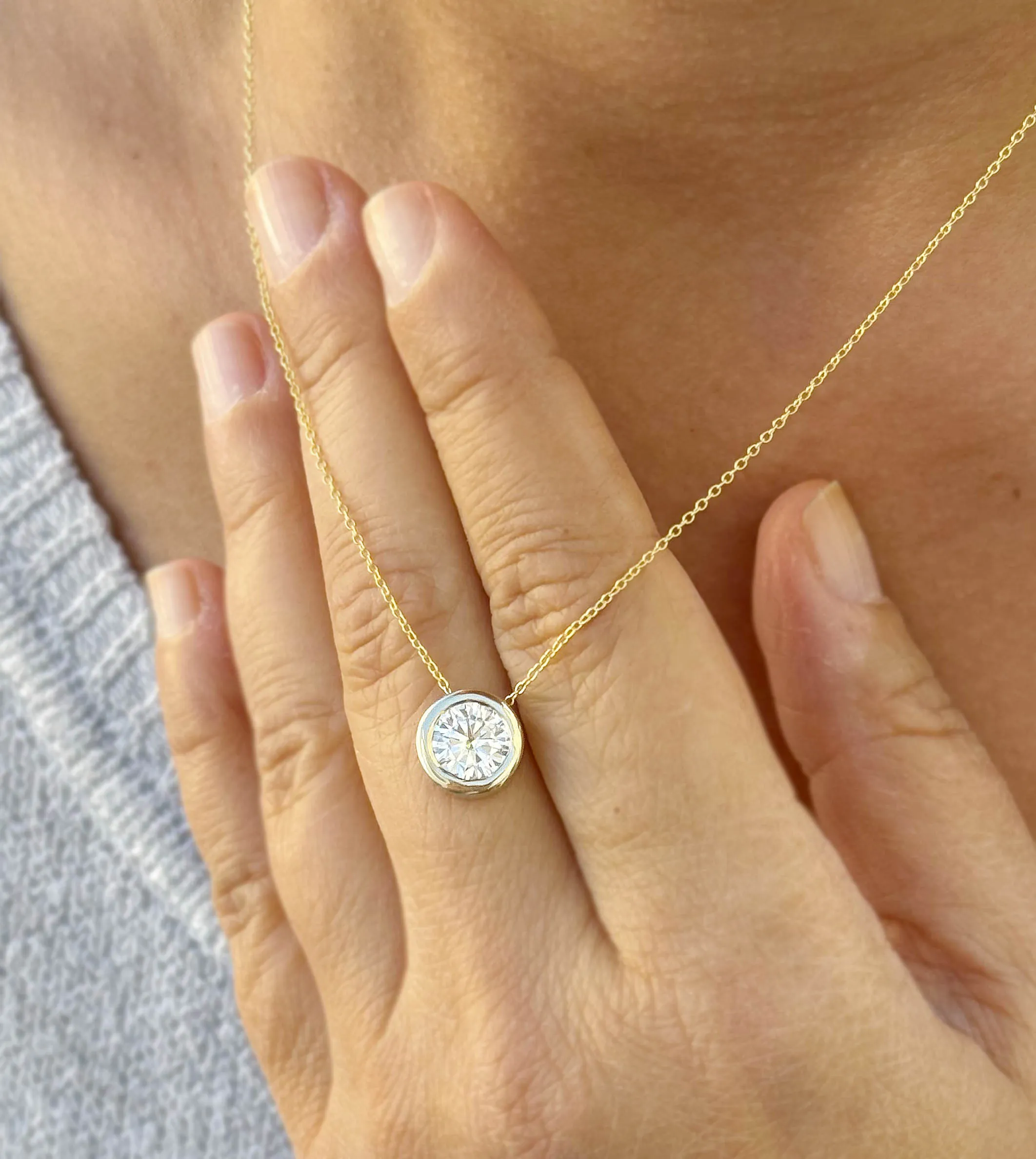 Round Cut IGI Certified Diamond Pendant And Chain Solitaire Minimalist Dainty Bezel Set 14k Solid Yellow Gold Necklace And Chain Gift 2.00ct