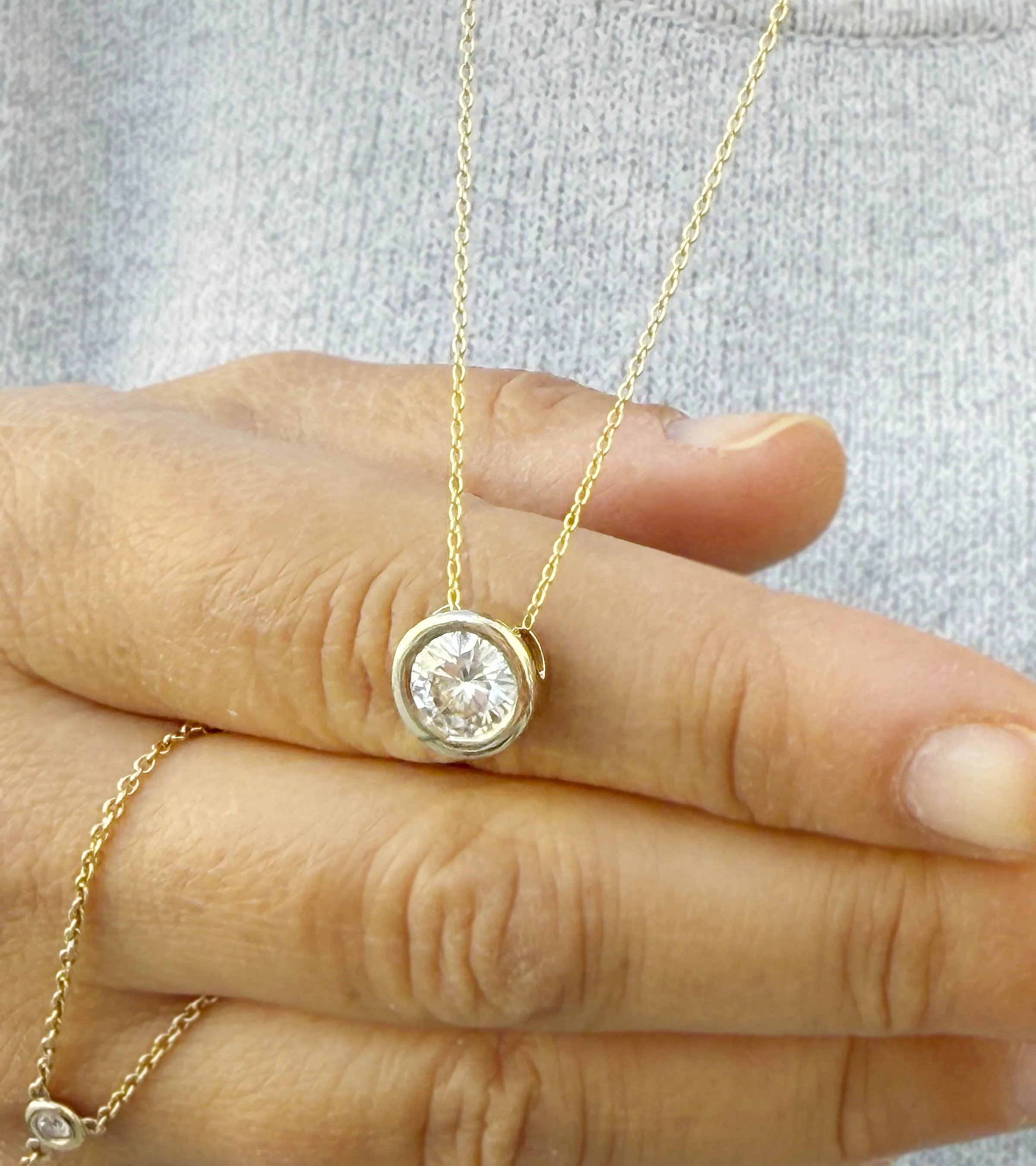 Round Cut Moissanie Pendant And Chain Solitaire Minimalist Dainty Bezel Set 14k Solid Yellow Gold Necklace And Chain Wedding Gift 2.00ct