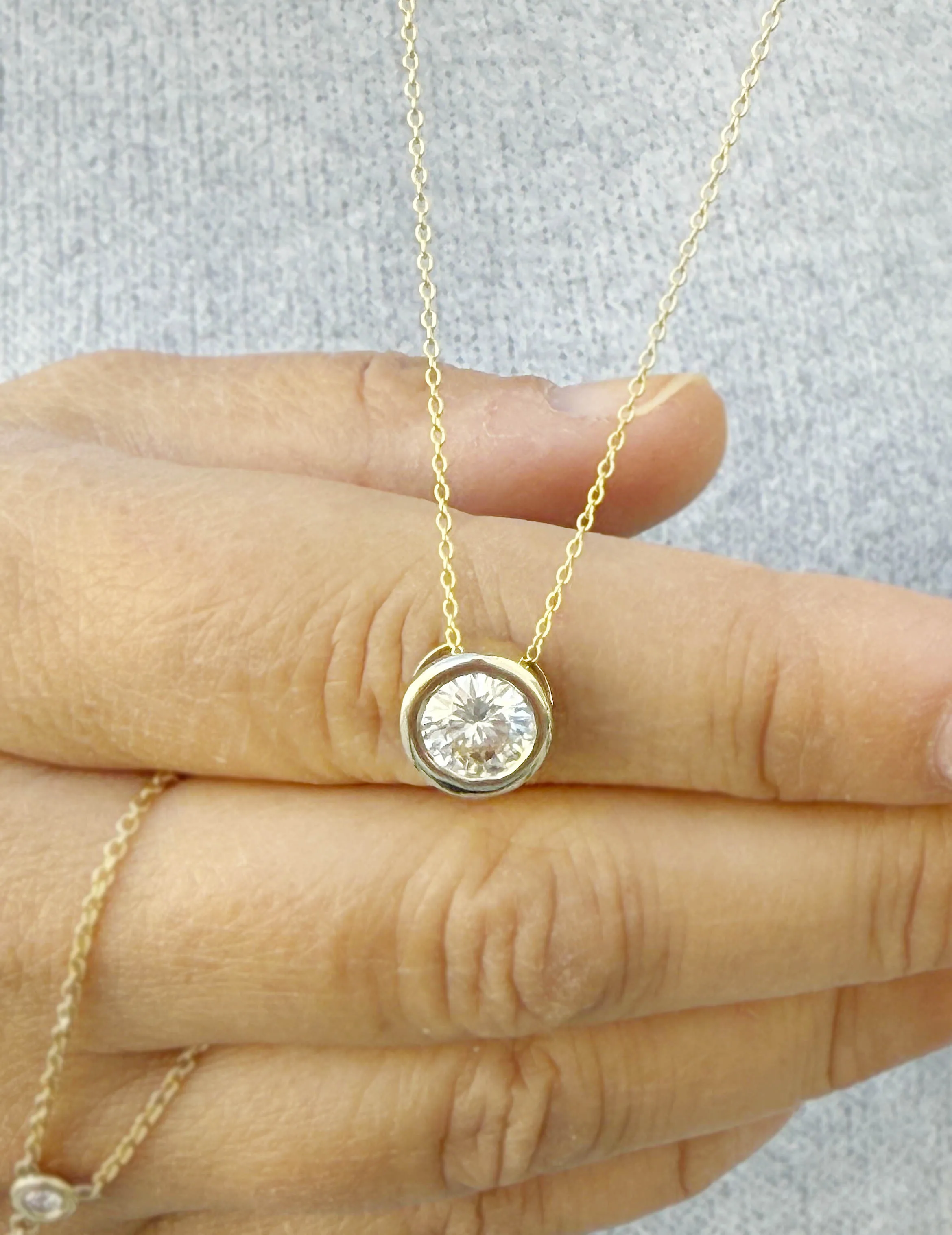 Round Cut Moissanie Pendant And Chain Solitaire Minimalist Dainty Bezel Set 14k Solid Yellow Gold Necklace And Chain Wedding Gift 2.00ct