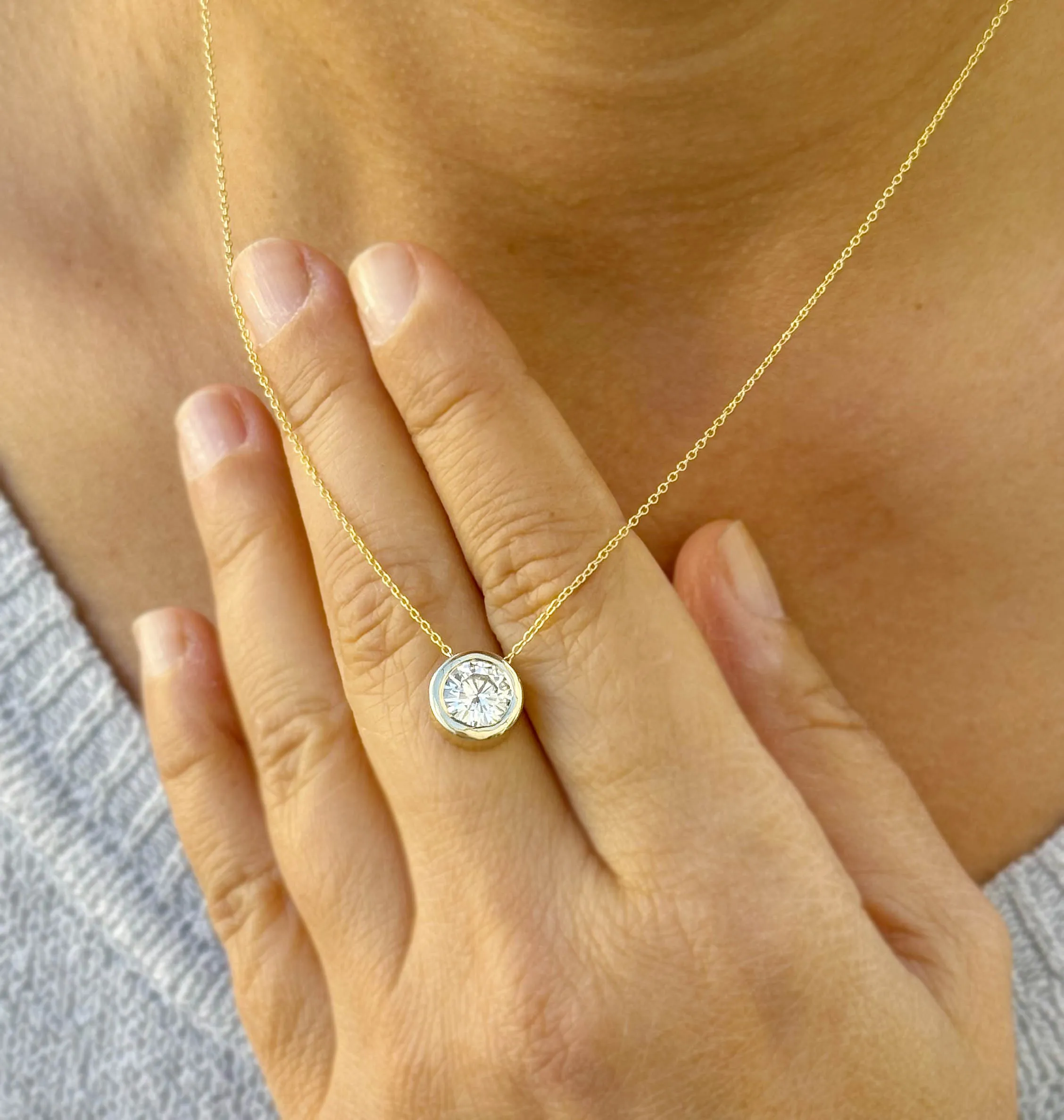 Round Cut Moissanie Pendant And Chain Solitaire Minimalist Dainty Bezel Set 14k Solid Yellow Gold Necklace And Chain Wedding Gift 2.00ct