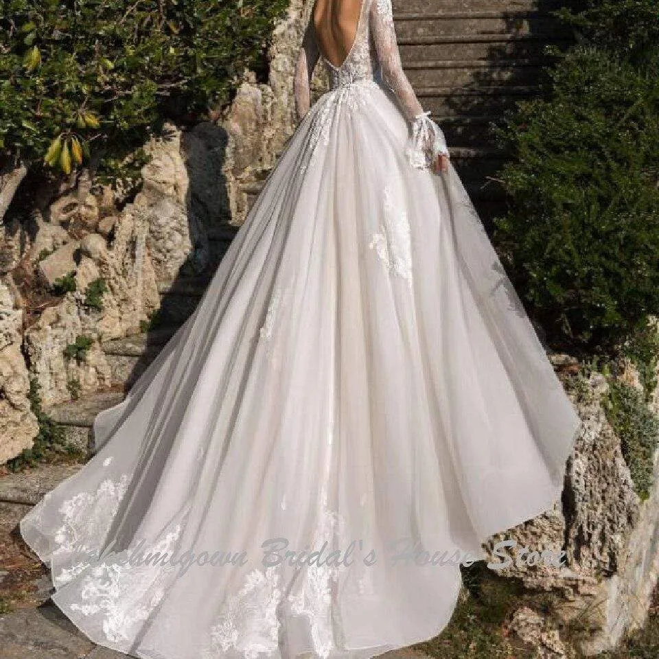 Roycebridal Luxury Deep V Neck Wedding Dress Long Sleeves