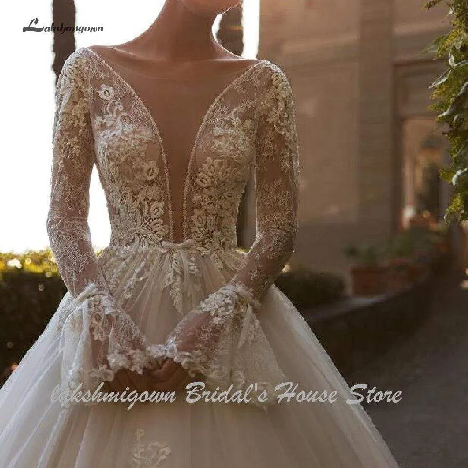 Roycebridal Luxury Deep V Neck Wedding Dress Long Sleeves