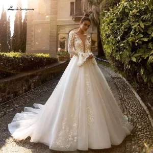 Roycebridal Luxury Deep V Neck Wedding Dress Long Sleeves