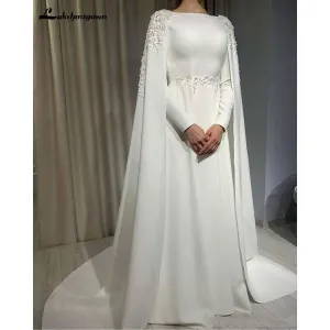 Roycebridal Muslim Wedding Dress With Cape A Line Long Sleeves
