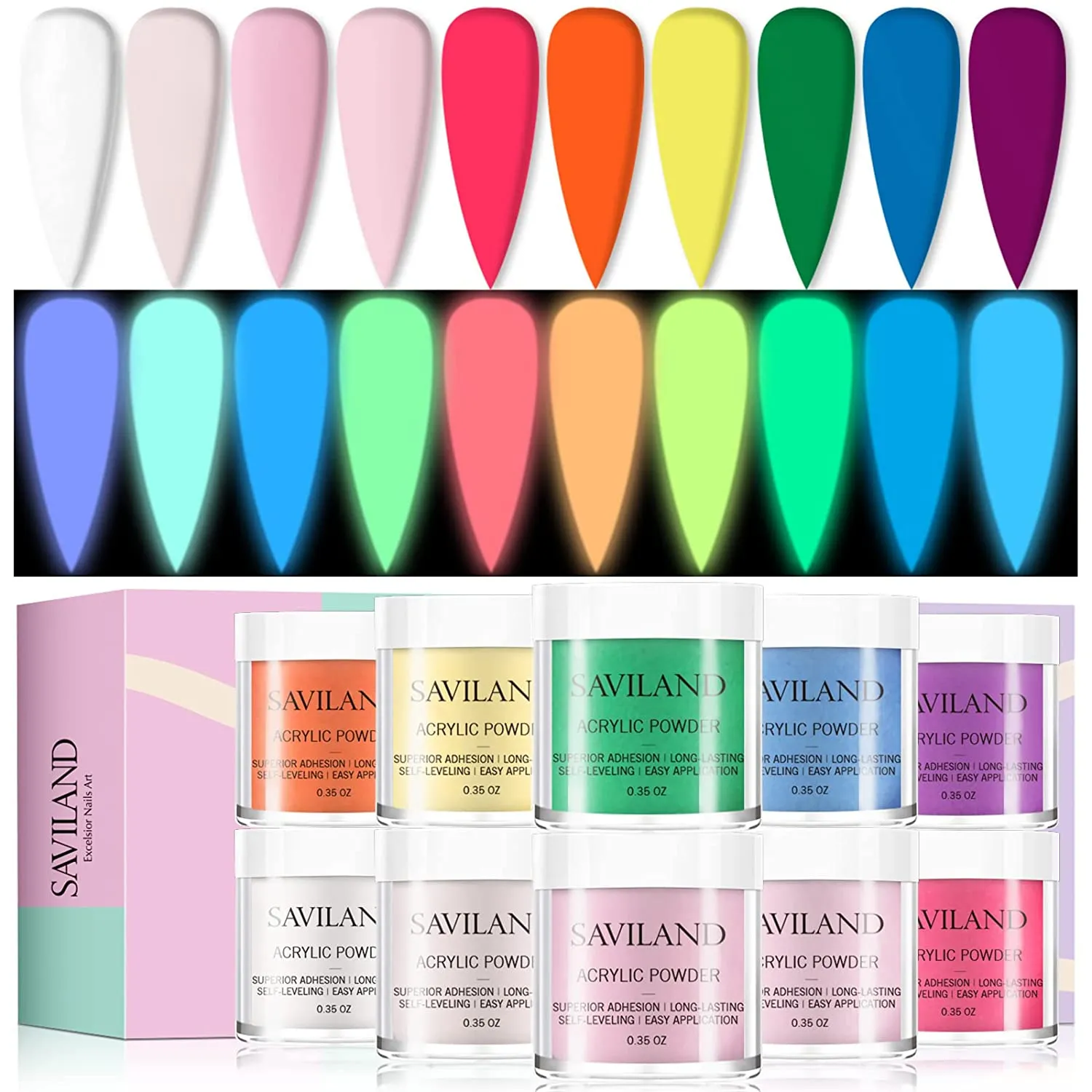 Saviland Acrylic Powder Set - Glow in the Dark Acrylic Nail Powder Set 10 Luminous Colors Professional Polymer Powder for Nail Extension Nail Carving