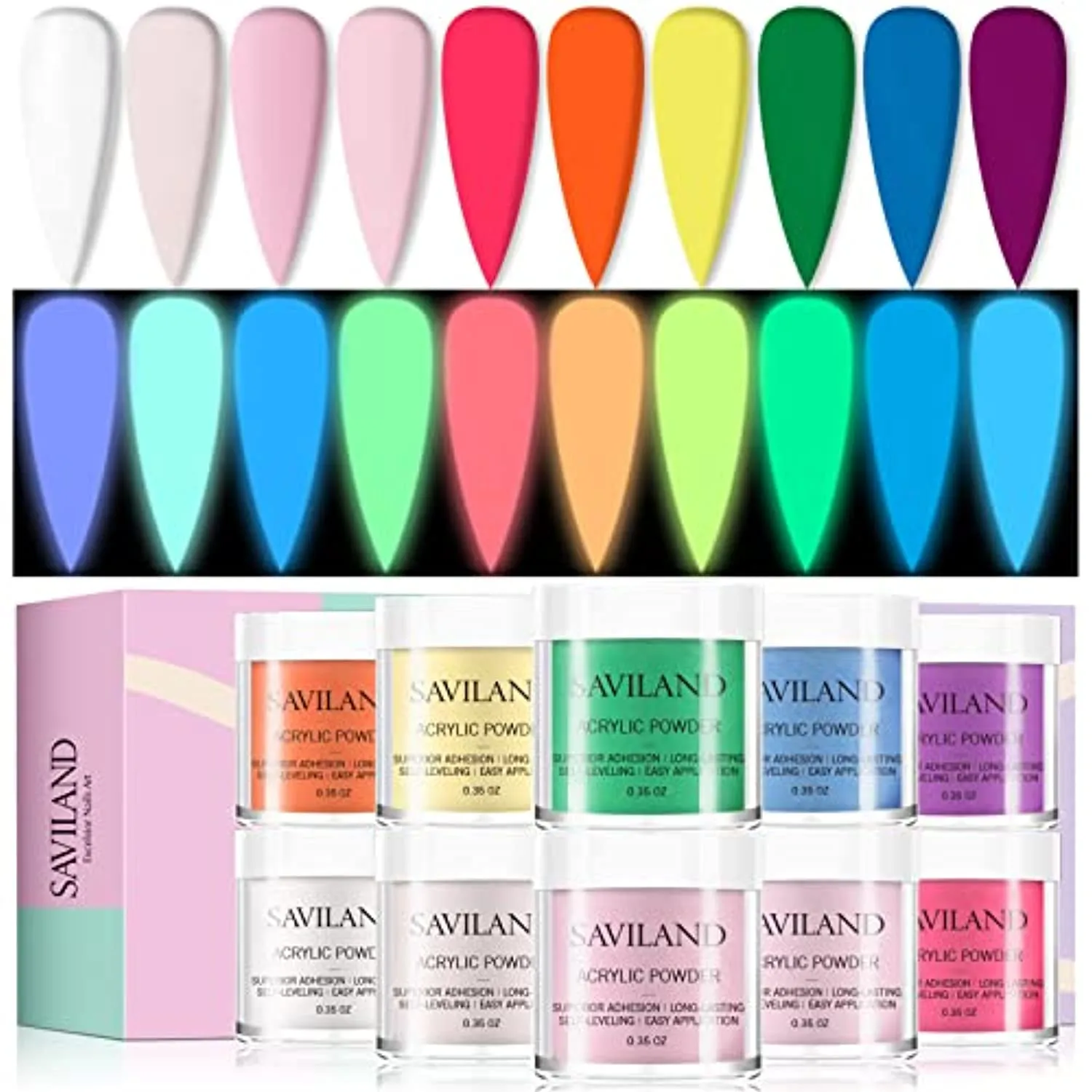 Saviland Acrylic Powder Set - Glow in the Dark Acrylic Nail Powder Set 10 Luminous Colors Professional Polymer Powder for Nail Extension Nail Carving