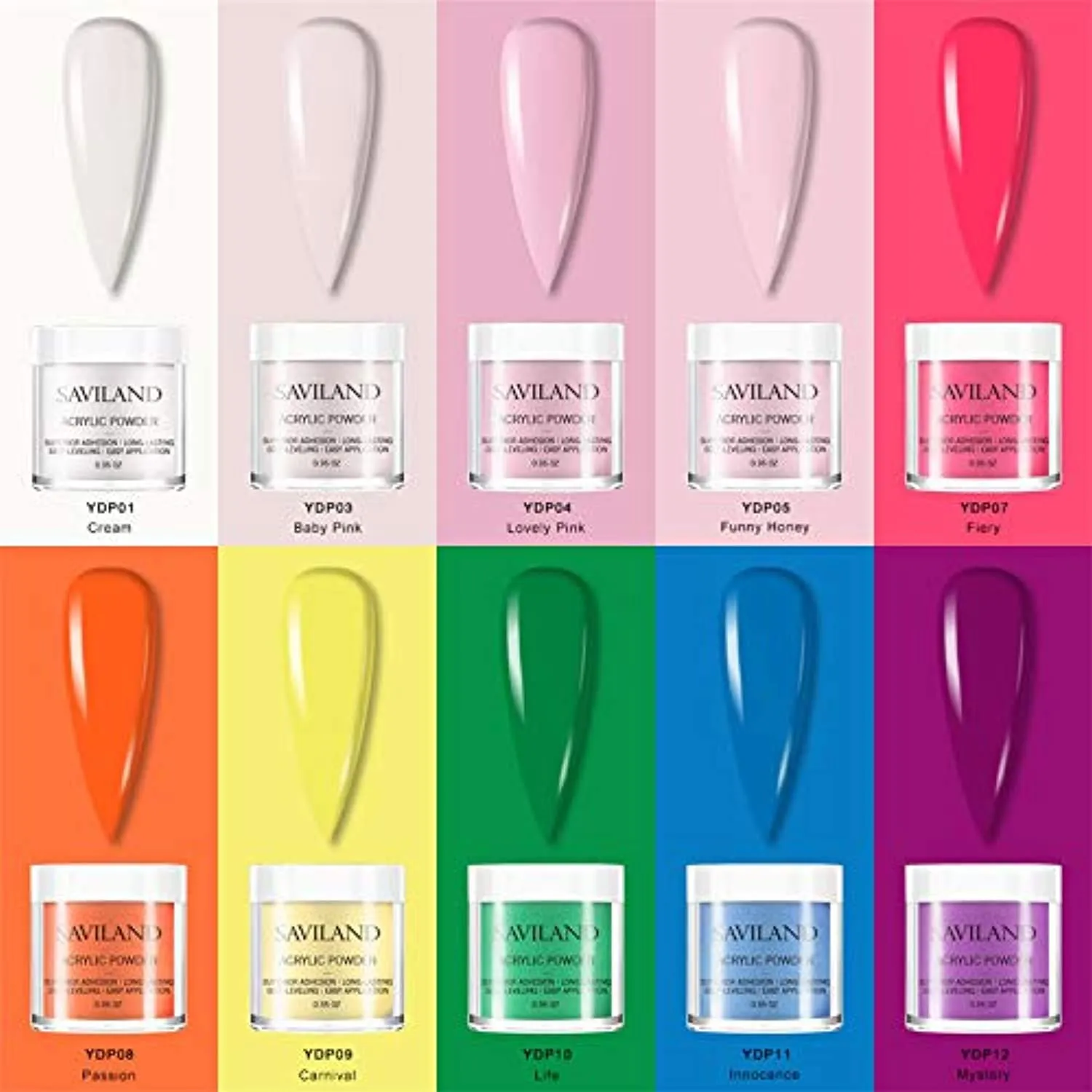 Saviland Acrylic Powder Set - Glow in the Dark Acrylic Nail Powder Set 10 Luminous Colors Professional Polymer Powder for Nail Extension Nail Carving