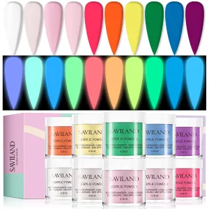 Saviland Acrylic Powder Set - Glow in the Dark Acrylic Nail Powder Set 10 Luminous Colors Professional Polymer Powder for Nail Extension Nail Carving