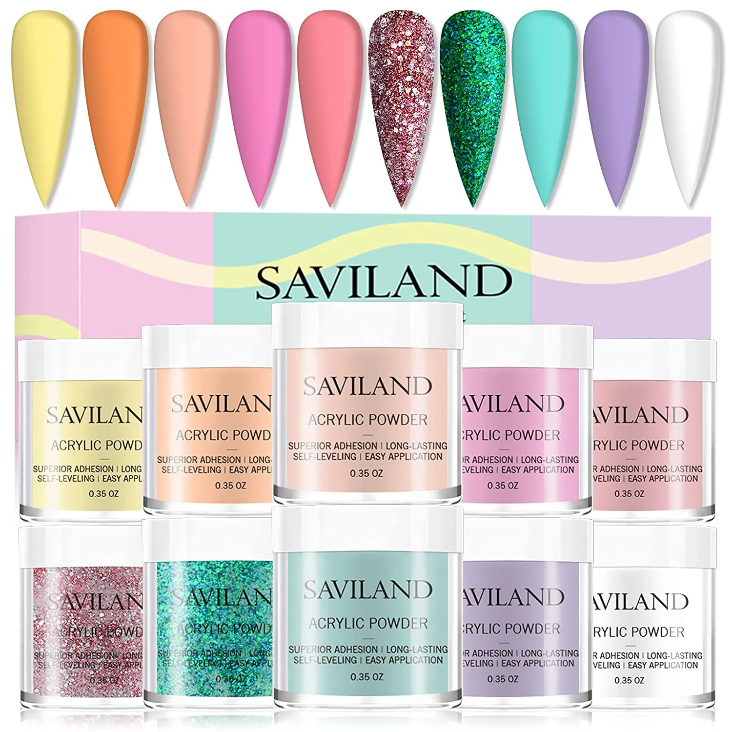 Saviland Acrylic Powder Set - Glow in the Dark Acrylic Nail Powder Set 10 Luminous Colors Professional Polymer Powder for Nail Extension Nail Carving