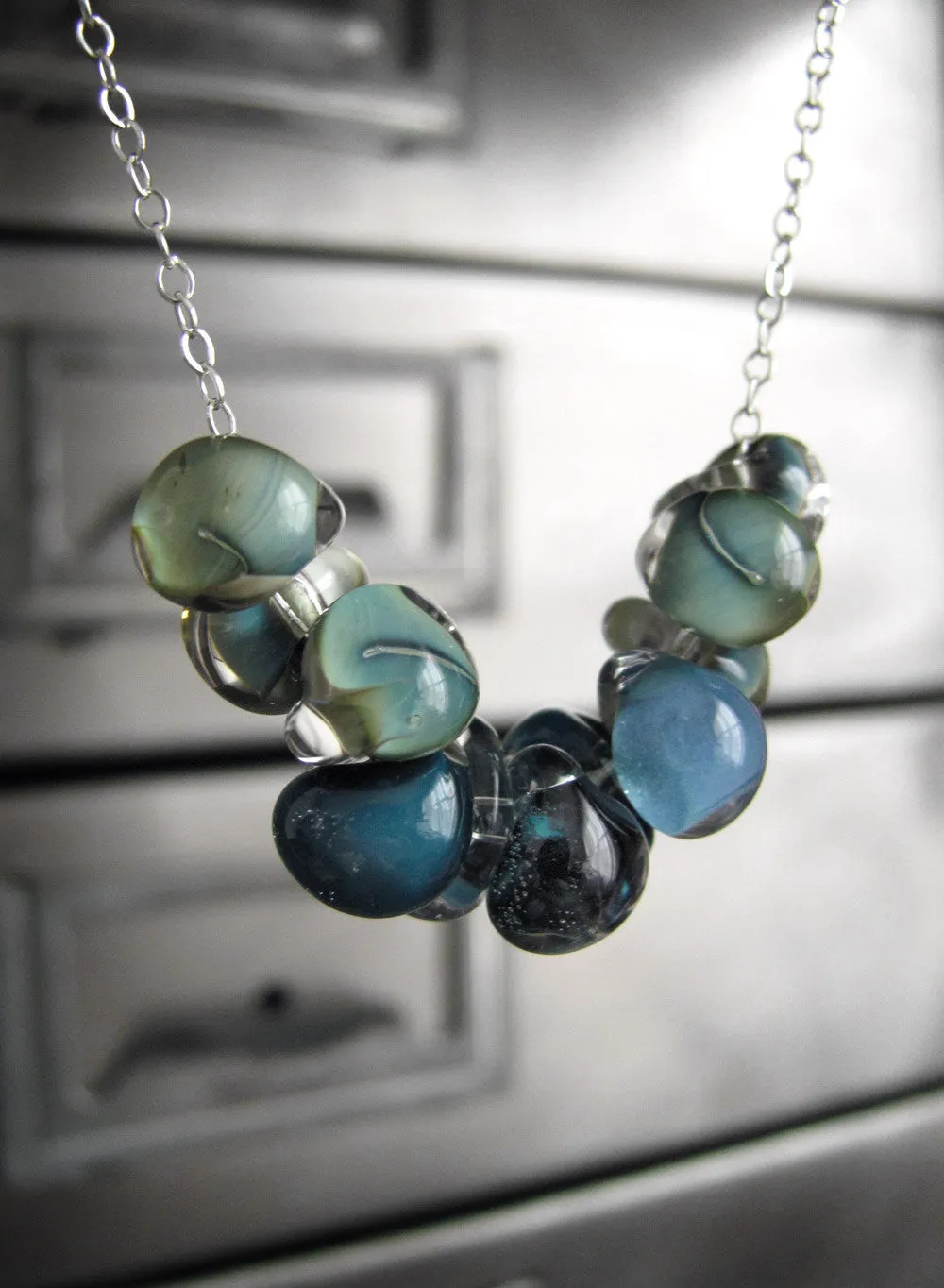 SHORELINE - Glass Drop Necklace in Ombre Blue, Aqua, Seafoam Green