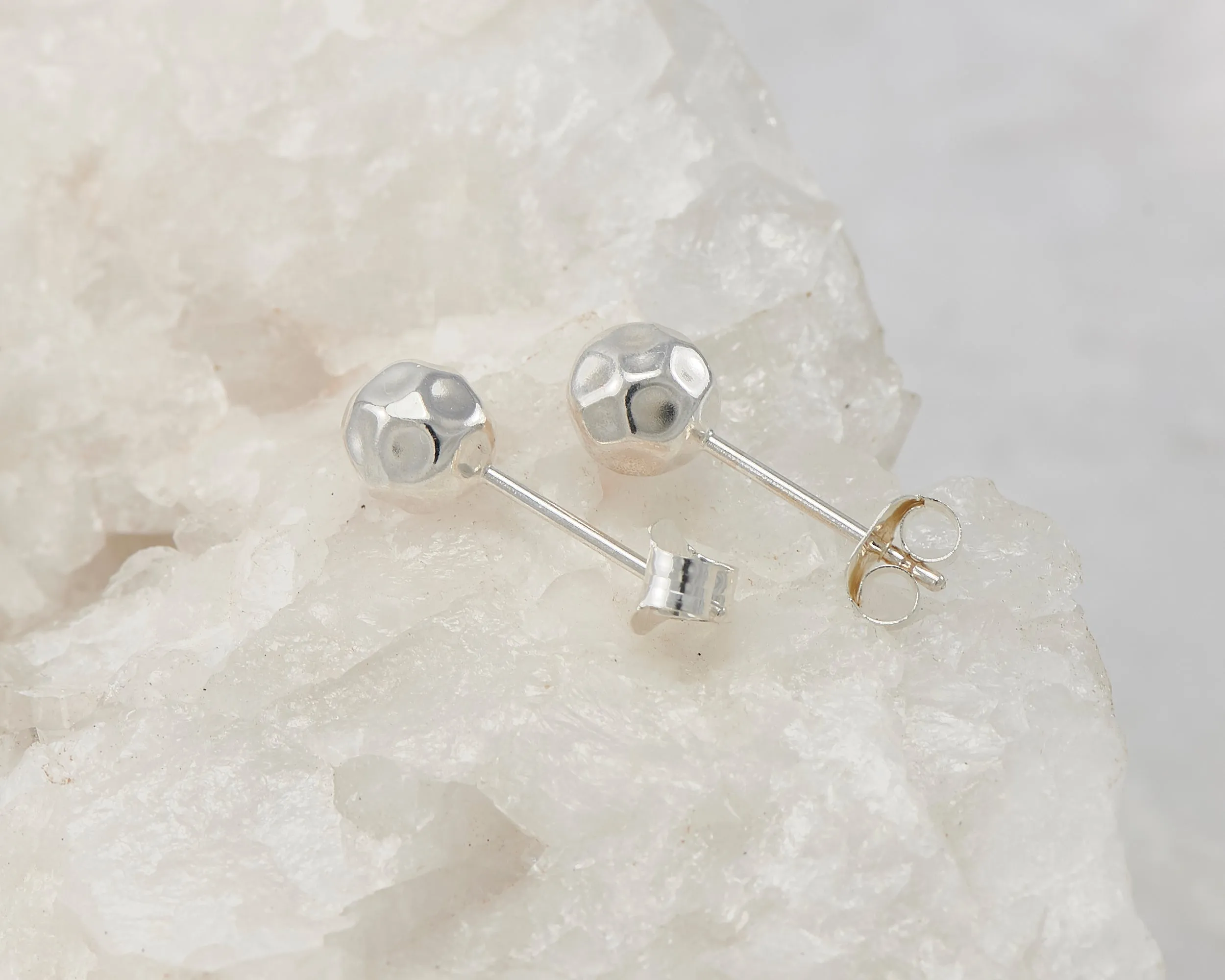 Silver Ball Stud Earrings - Hammered
