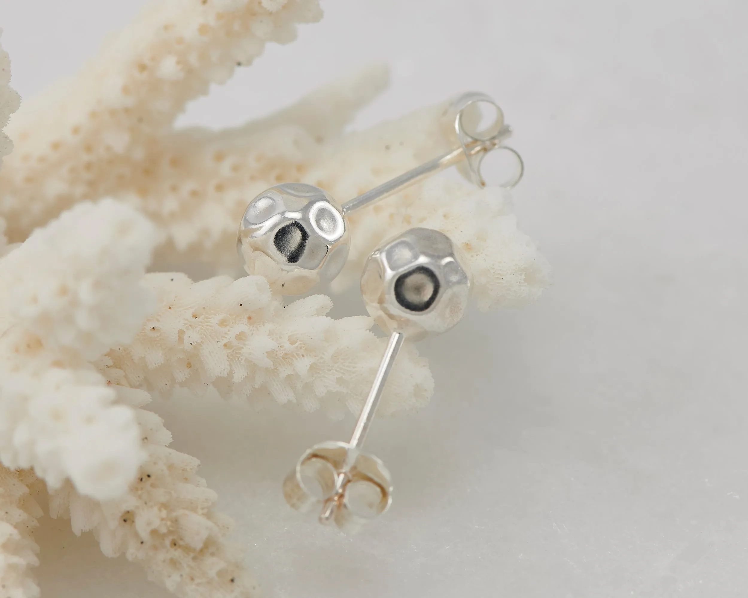Silver Ball Stud Earrings - Hammered