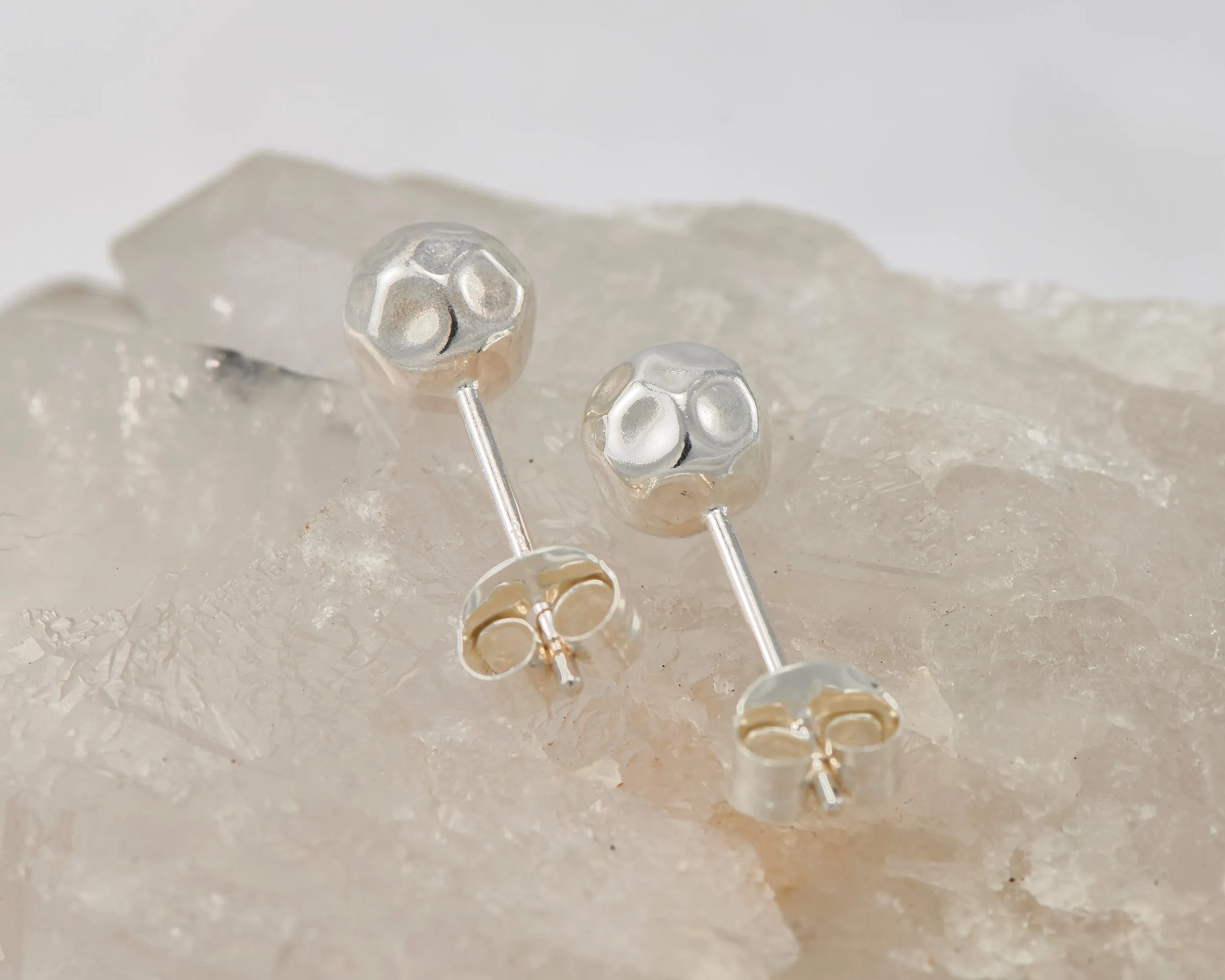Silver Ball Stud Earrings - Hammered