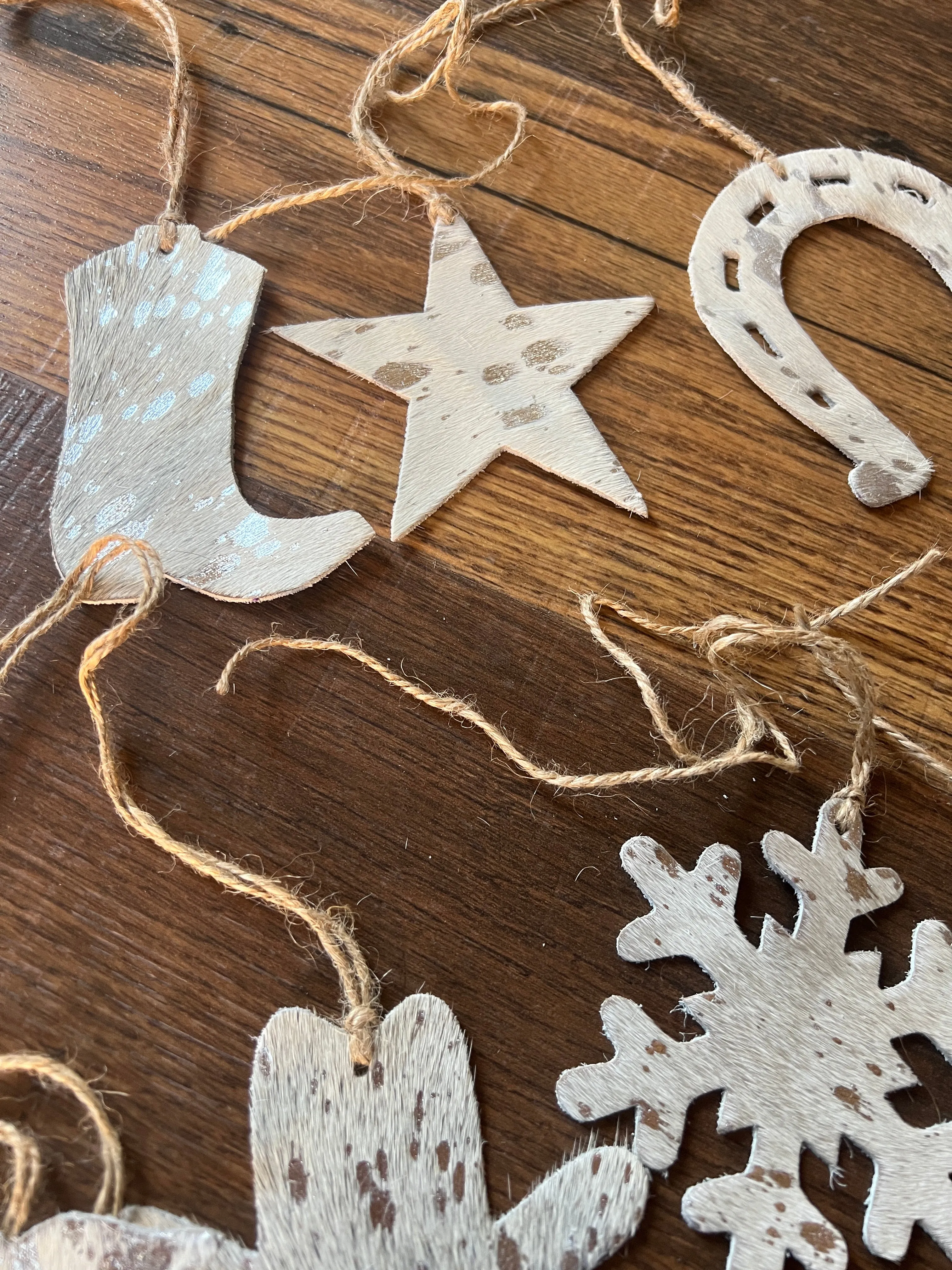 Silver/BROWN ACID WASH Leather Cowhide Christmas Ornament