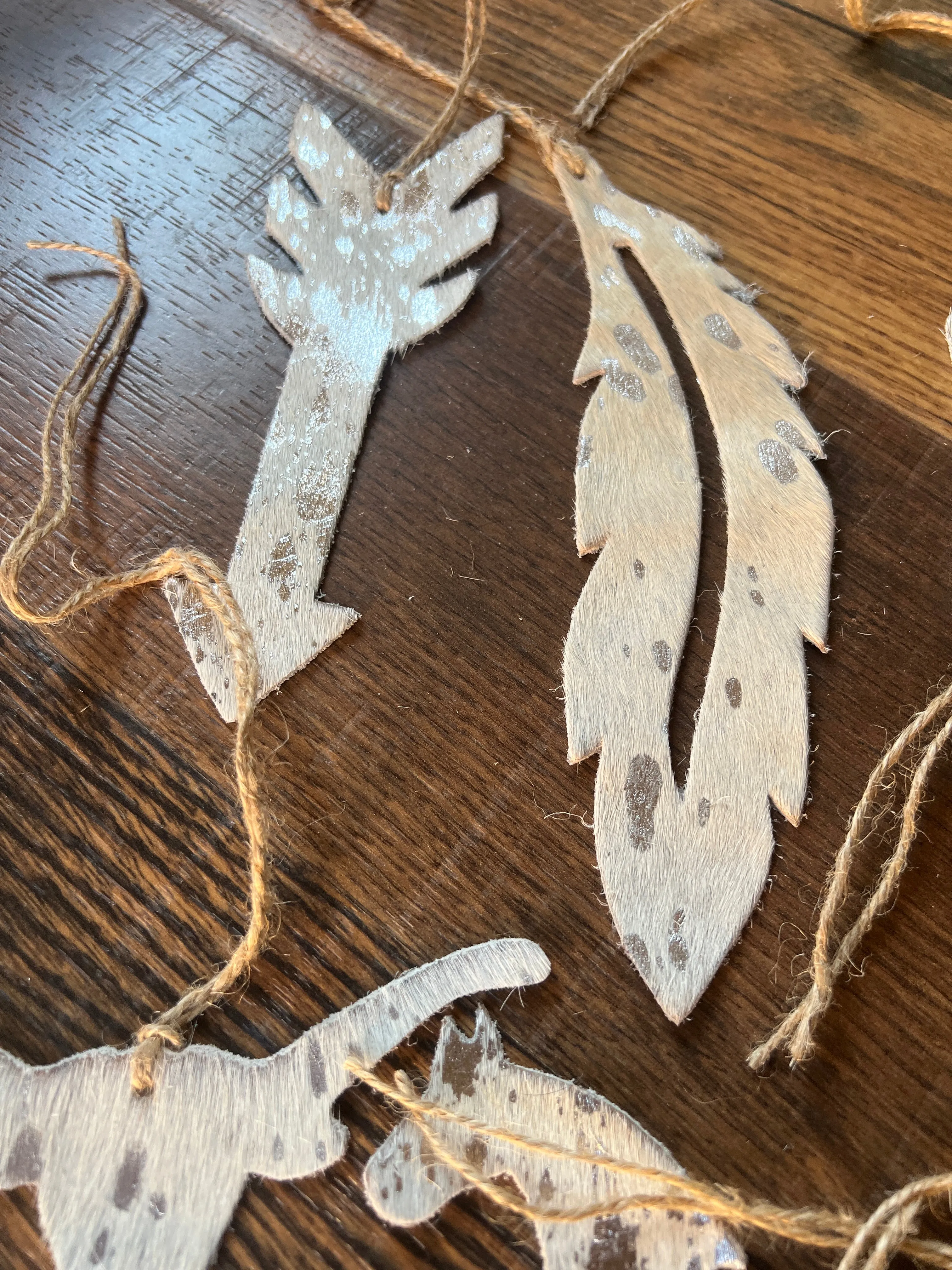 Silver/BROWN ACID WASH Leather Cowhide Christmas Ornament