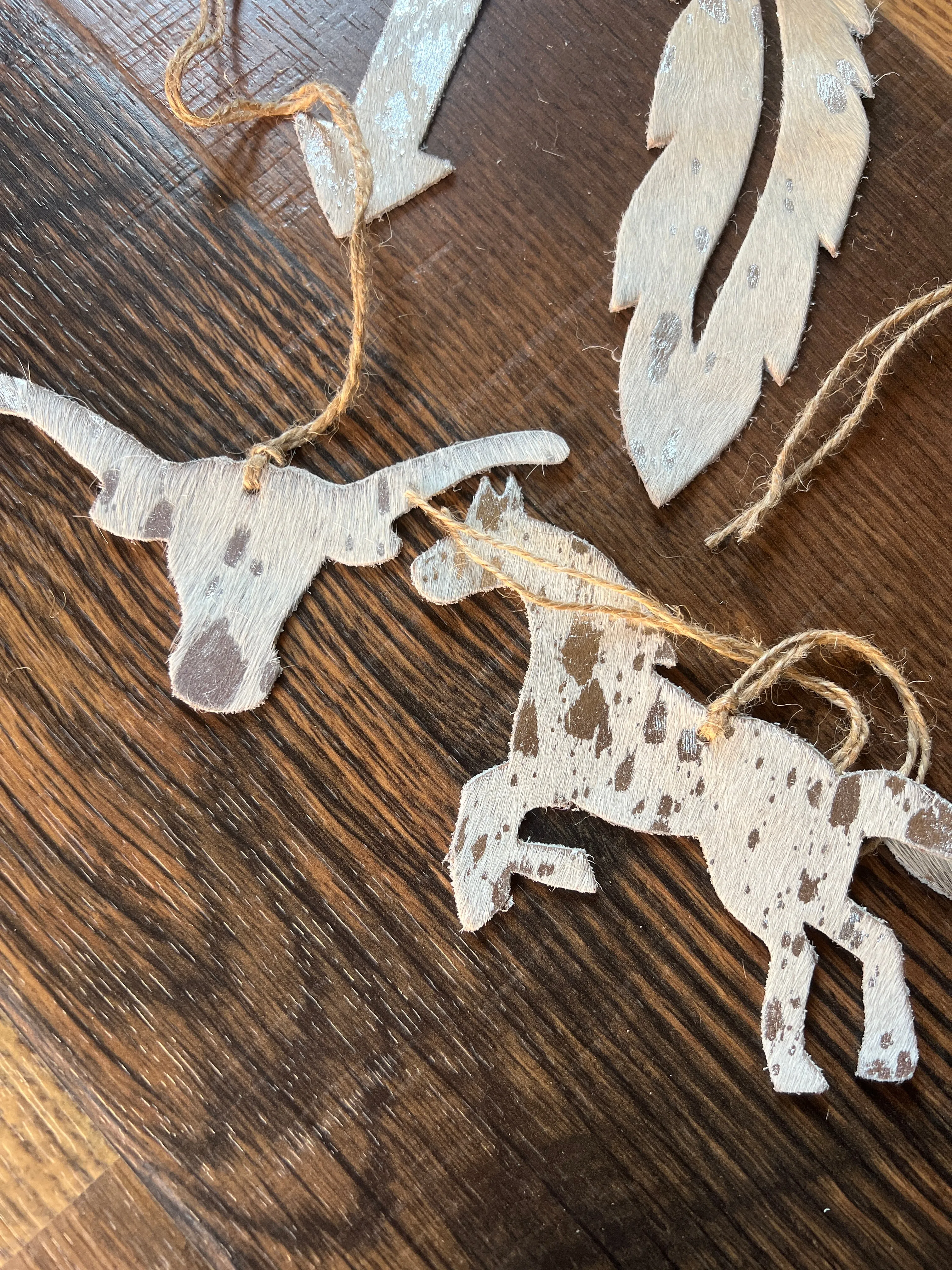 Silver/BROWN ACID WASH Leather Cowhide Christmas Ornament