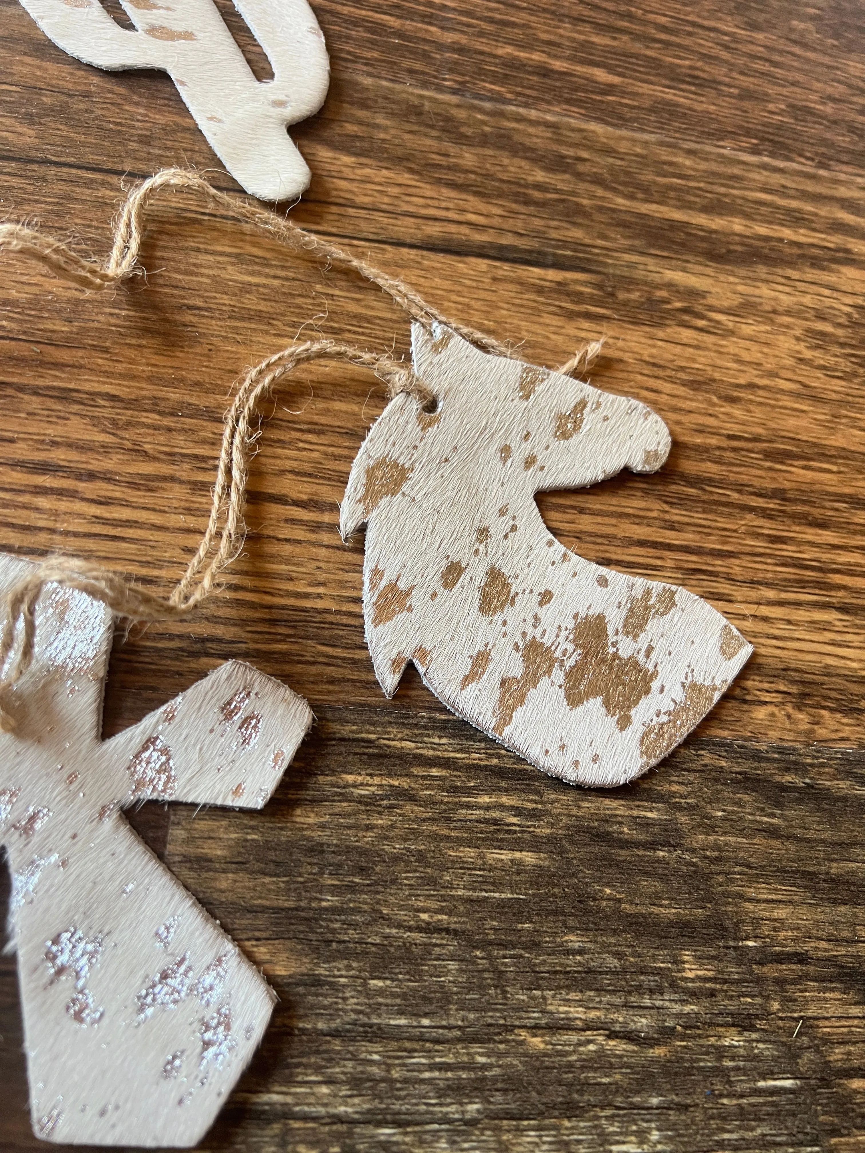 Silver/BROWN ACID WASH Leather Cowhide Christmas Ornament