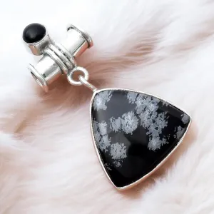Snowflake Black Obsidian & Onyx Solid 925 Sterling Silver Pendant