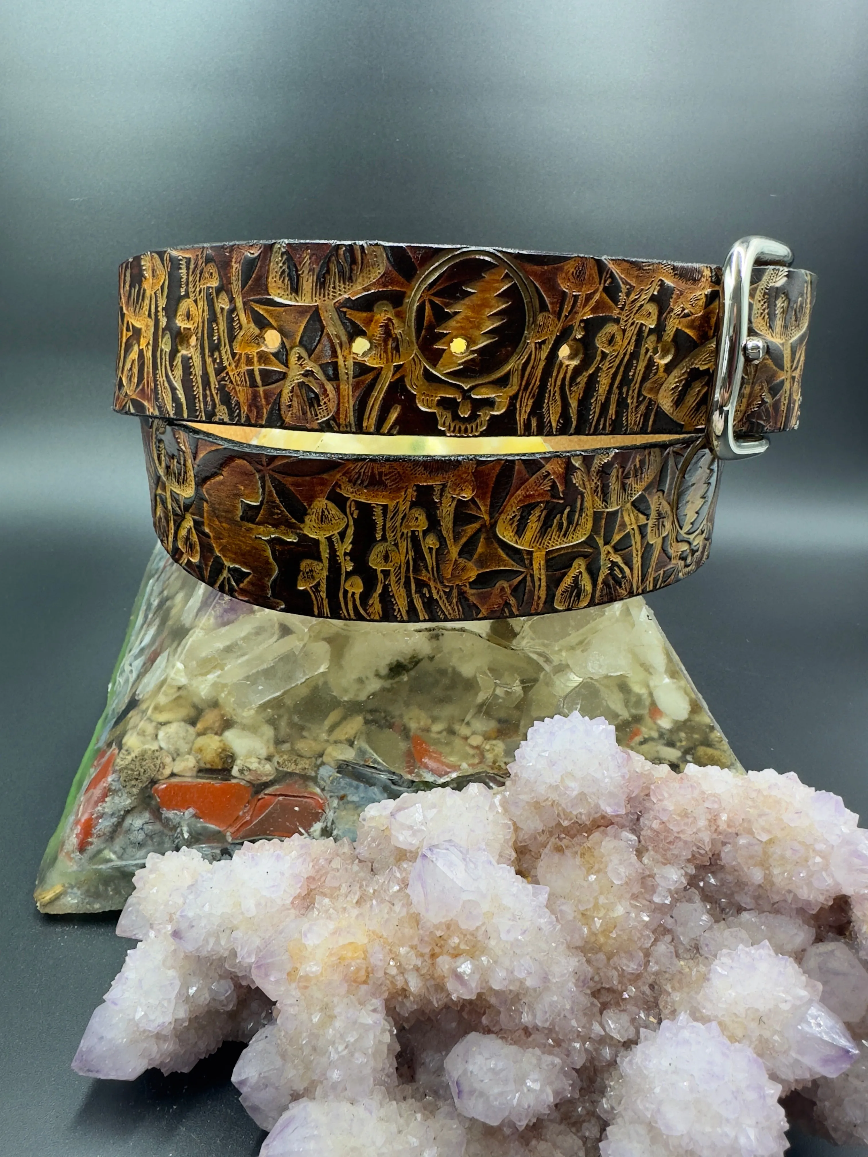 Stamped Leather Belt - Grateful Mushrooms 2.0