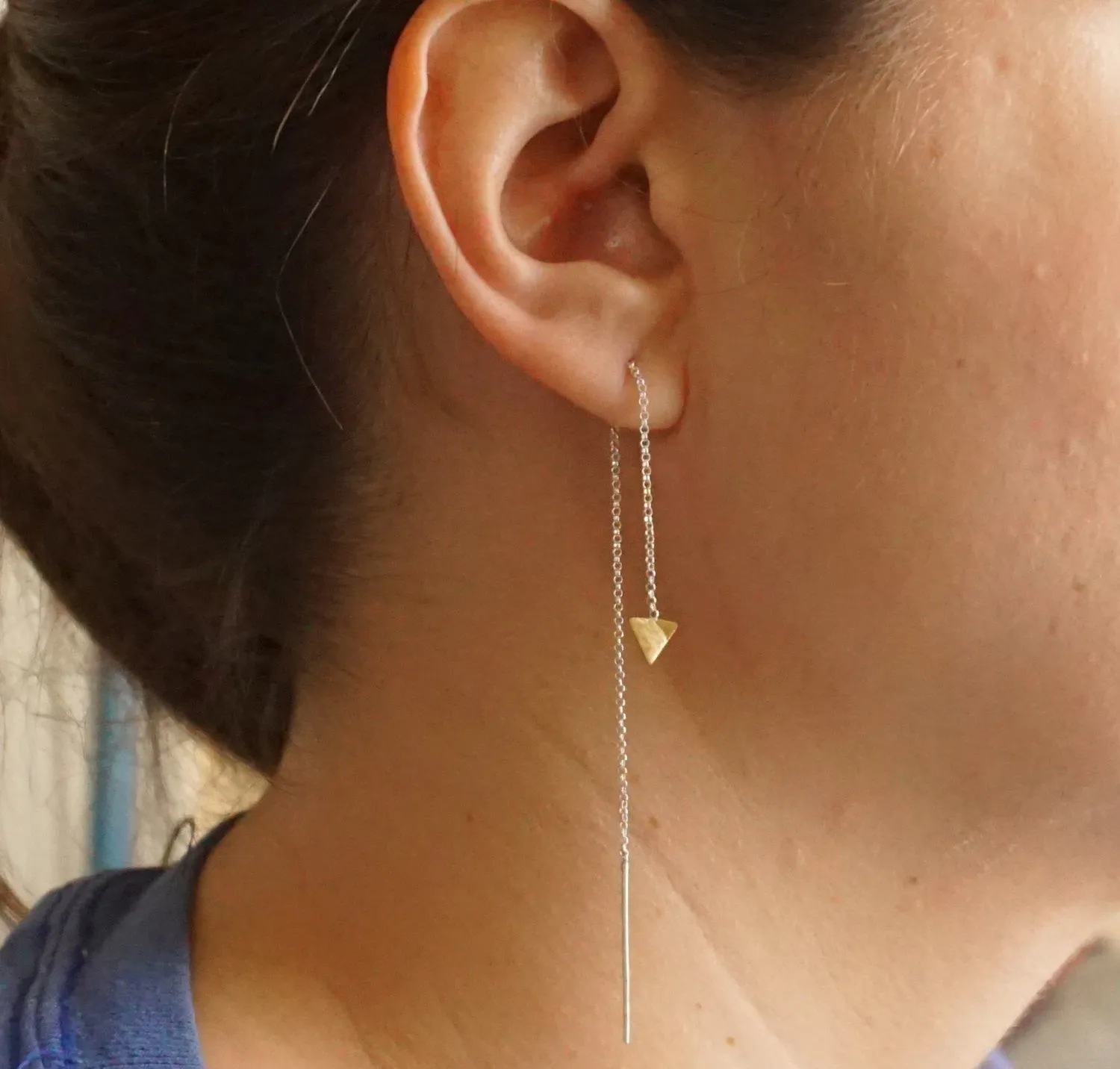 Stylish & Chic Hand-Crafted Long Dangle Sterling Silver Chain Ear Threader With Triangle End - 0248