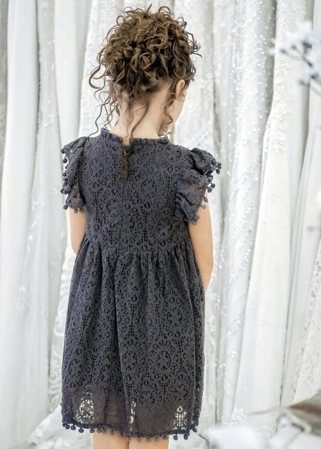 Sunflower Lace Pom Pom Trim Girl Dress in Dark Gray